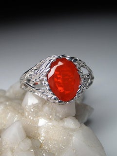 Fire Opal Silver Ring Red Mexican Gemstone Fine Art Nouveau Style Unisex Jewelry