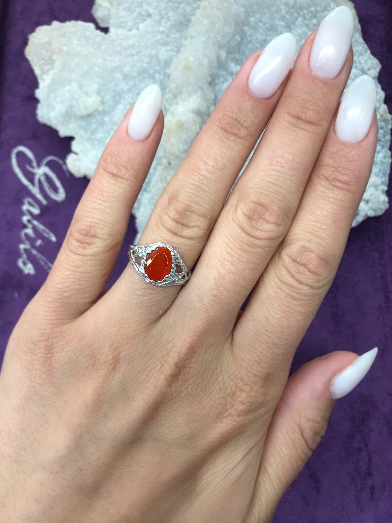 Artisan Fire Opal Silver Ring Red Mexican Gemstone Fine Art Nouveau Style Unisex Jewelry For Sale