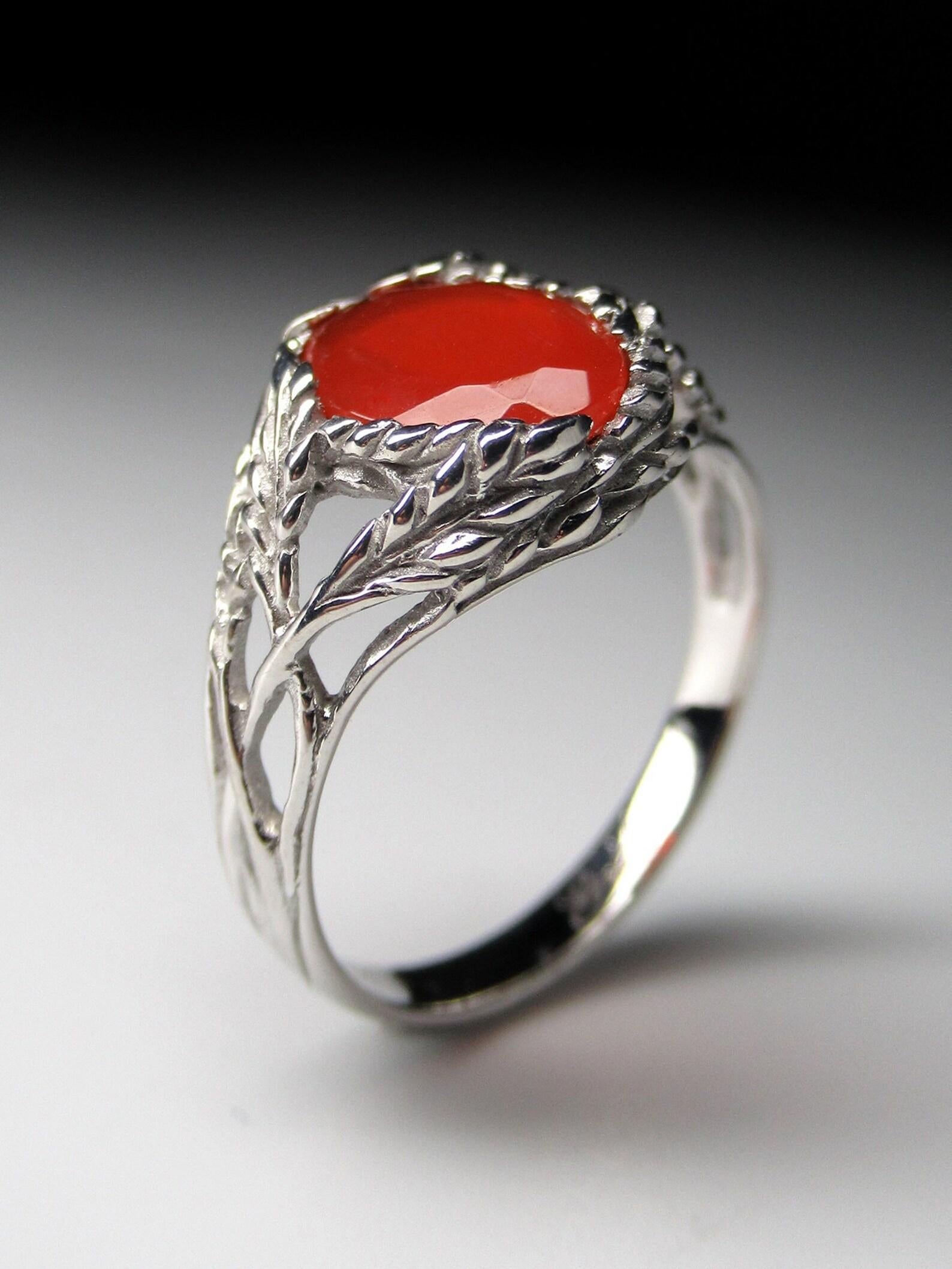 Oval Cut Fire Opal Silver Ring Red Mexican Gemstone Fine Art Nouveau Style Unisex Jewelry For Sale