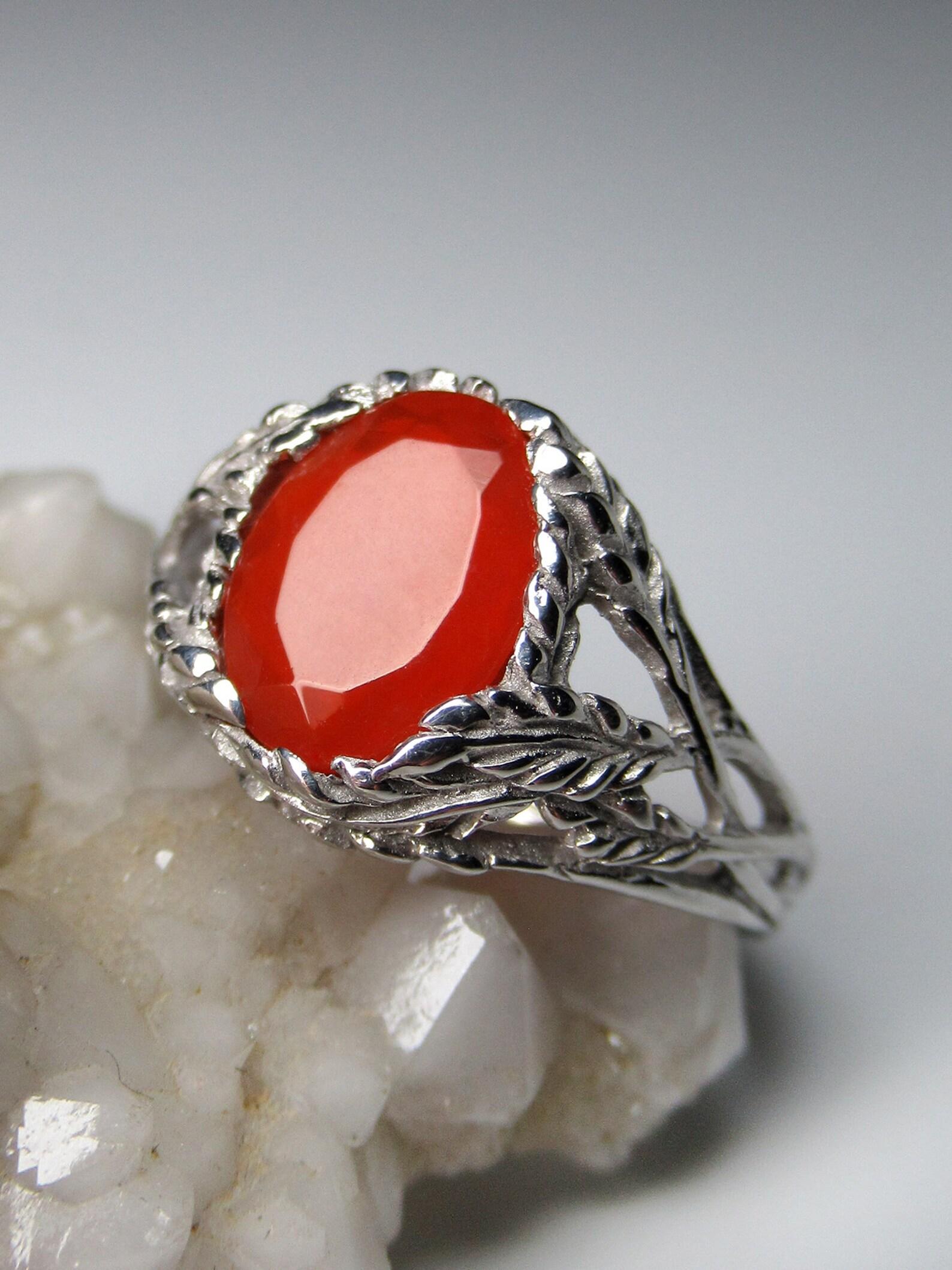 Fire Opal Silver Ring Red Mexican Gemstone Fine Art Nouveau Style Unisex Jewelry In New Condition For Sale In Berlin, DE