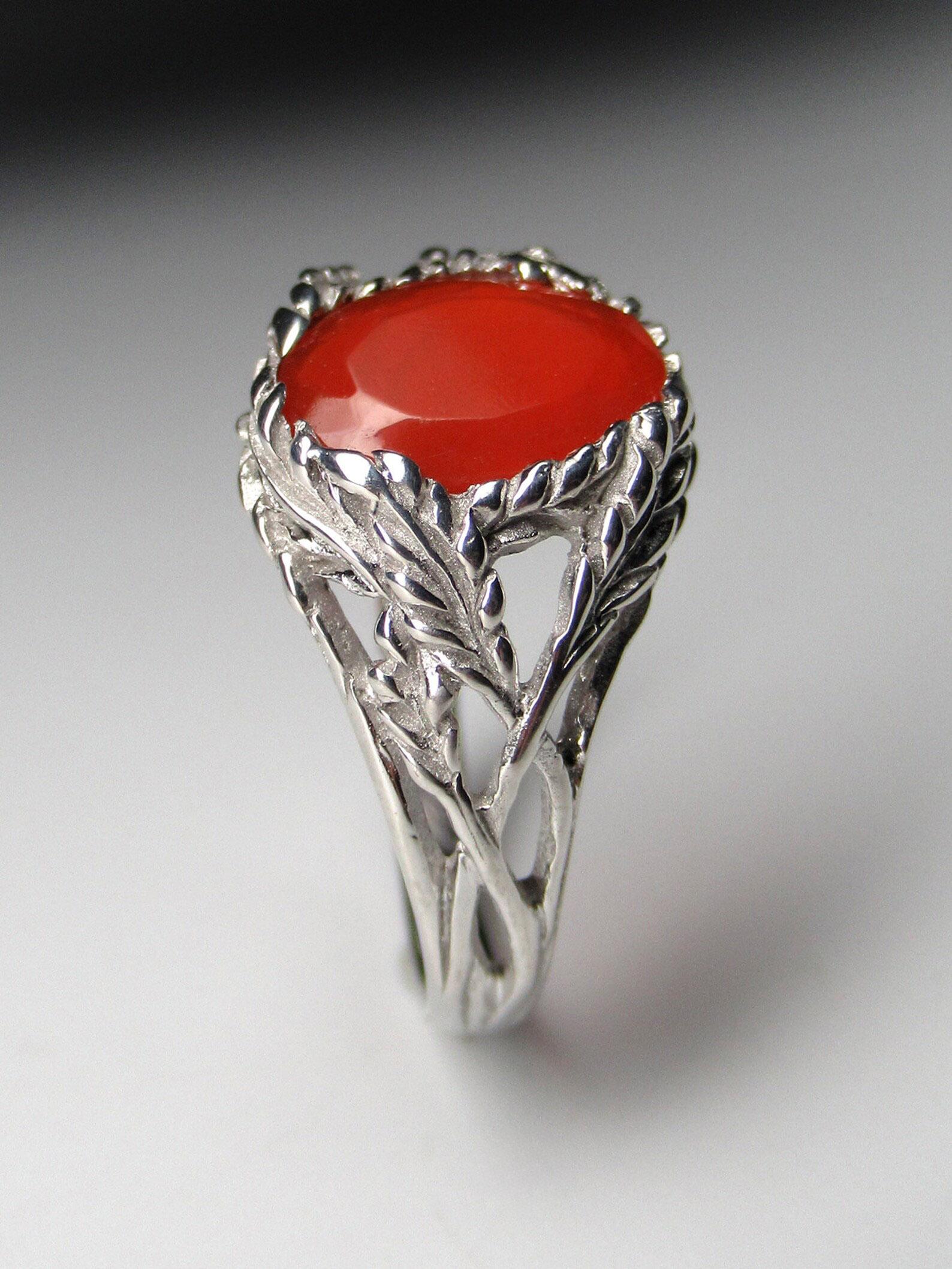 Fire Opal Silver Ring Red Mexican Gemstone Fine Art Nouveau Style Unisex Jewelry For Sale 1