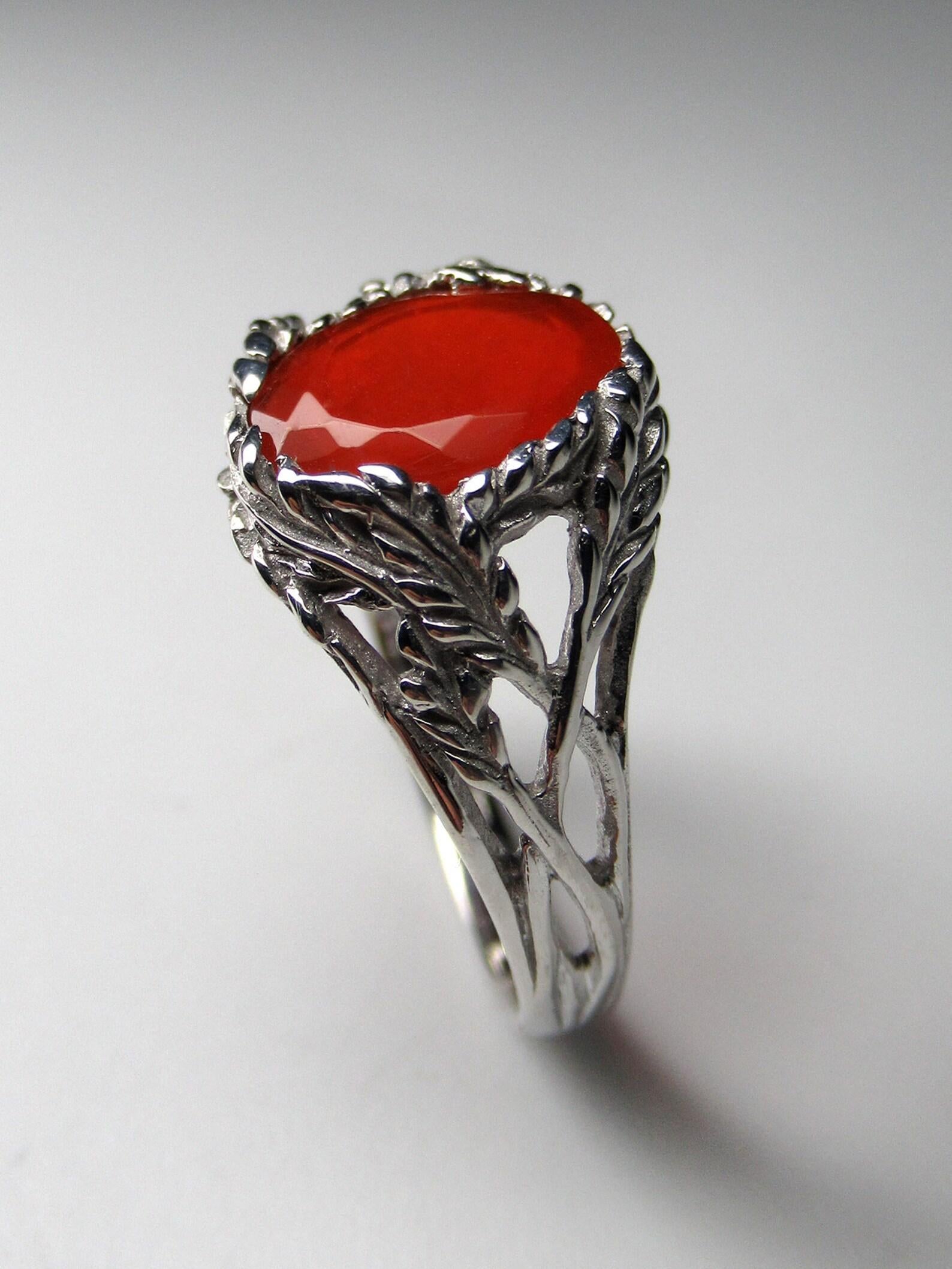Fire Opal Silver Ring Red Mexican Gemstone Fine Art Nouveau Style Unisex Jewelry For Sale 2