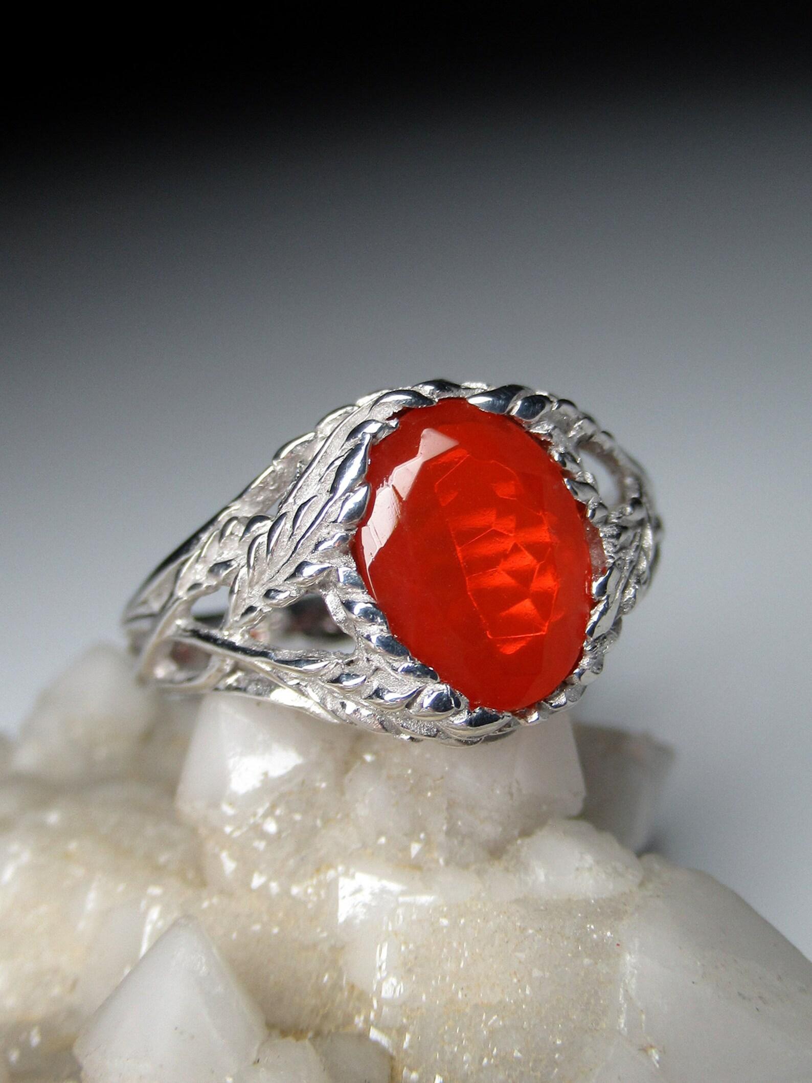Fire Opal Silver Ring Red Mexican Gemstone Fine Art Nouveau Style Unisex Jewelry For Sale 3