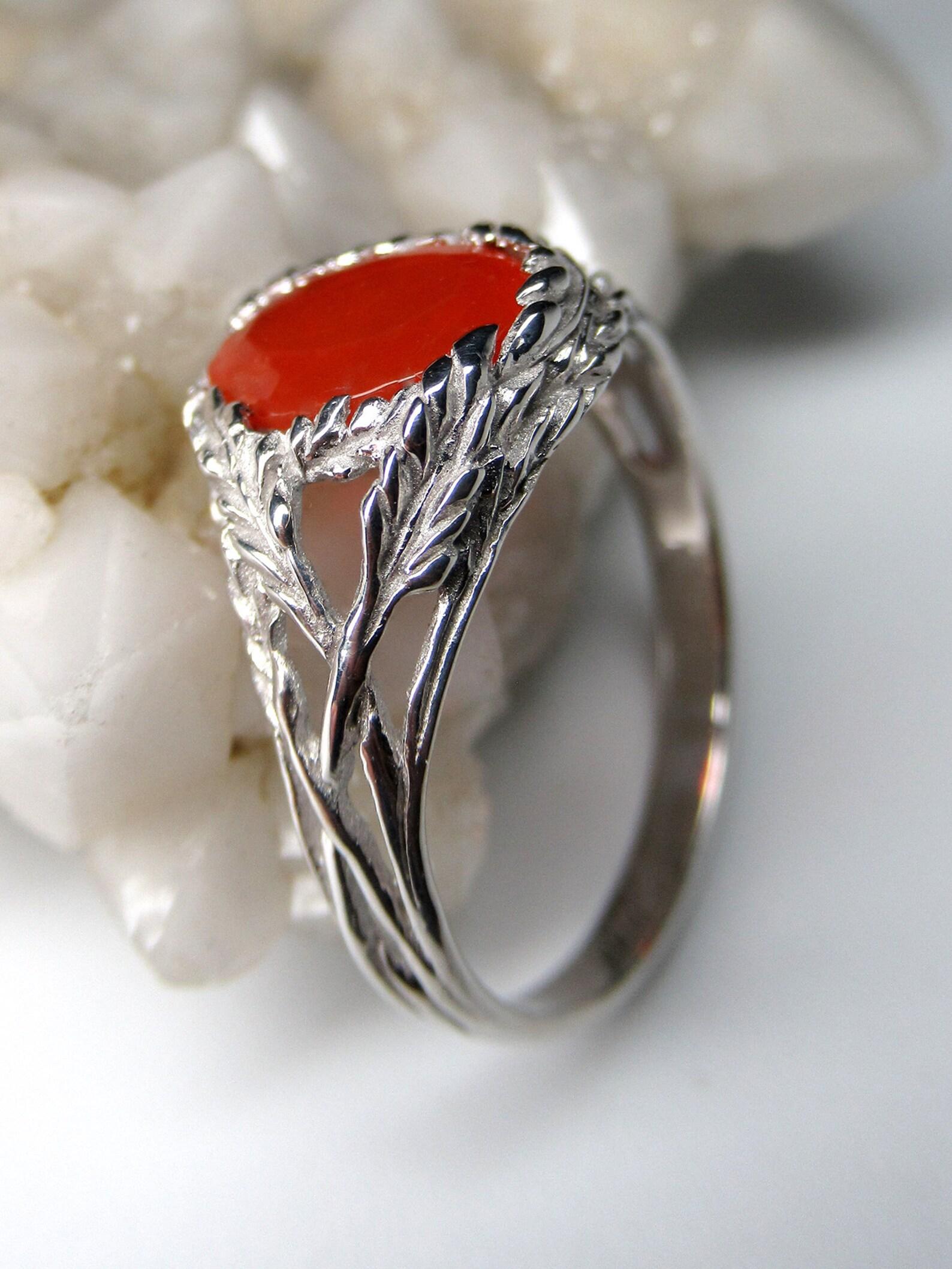 Fire Opal Silver Ring Red Mexican Gemstone Fine Art Nouveau Style Unisex Jewelry For Sale 4