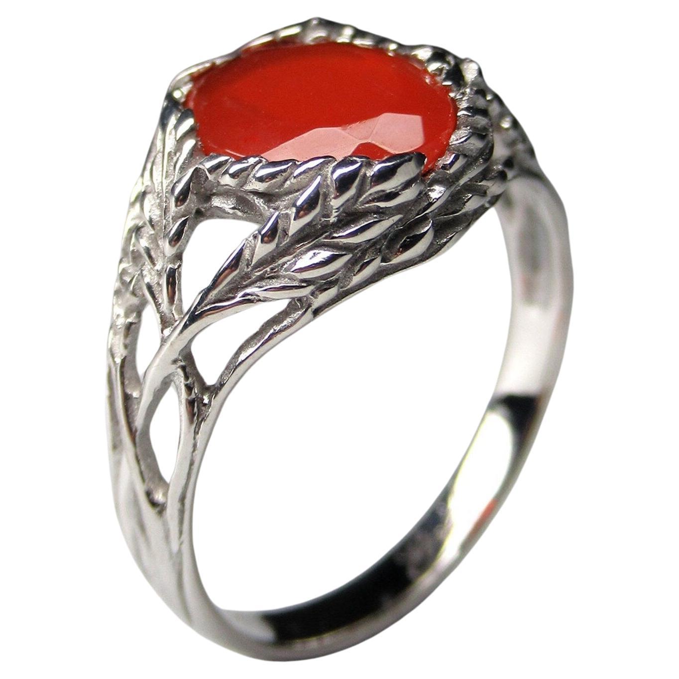 Fire Opal Silver Ring Red Mexican Gemstone Fine Art Nouveau Style Unisex Jewelry For Sale