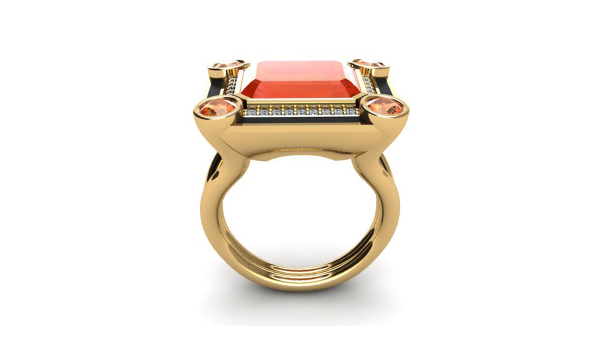 Modern Fire Opal, Spessartite Garnet and Diamond Enamel Museum Series Cocktail Ring