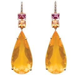 Fire Opal, Spessartite Garnet, Pink Sapphire & Diamond Earrings Set in 18kt Gold