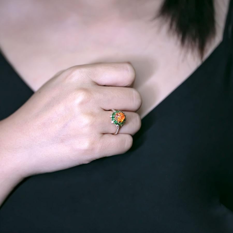 Arts and Crafts Fire Opal Tsavorite Diamond Engagement Ring 18K Yellow Gold For Sale