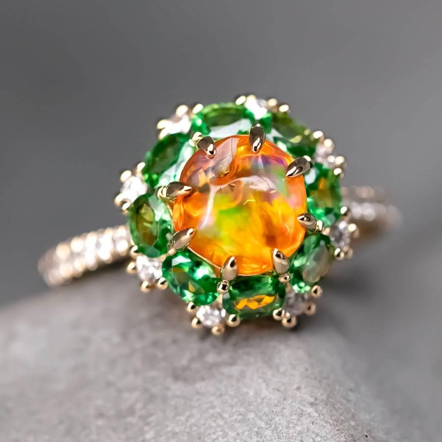 Brilliant Cut Fire Opal Tsavorite Diamond Engagement Ring 18K Yellow Gold For Sale