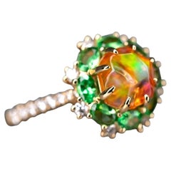 Fire Opal Tsavorite Diamond Engagement Ring 18K Yellow Gold