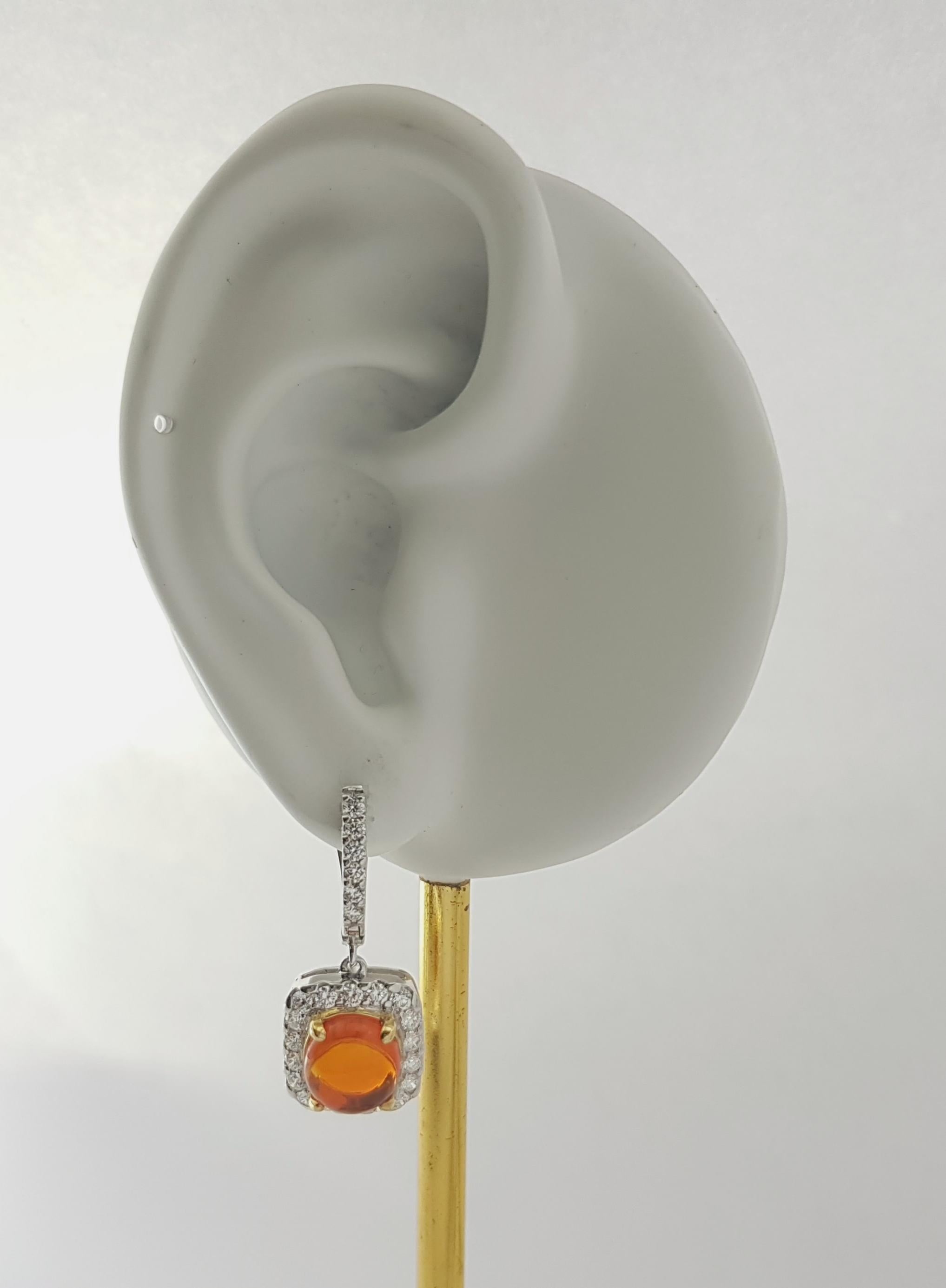 Cabochon Fire Opal with Diamond Earrings set in 18K White Gold Settings For Sale