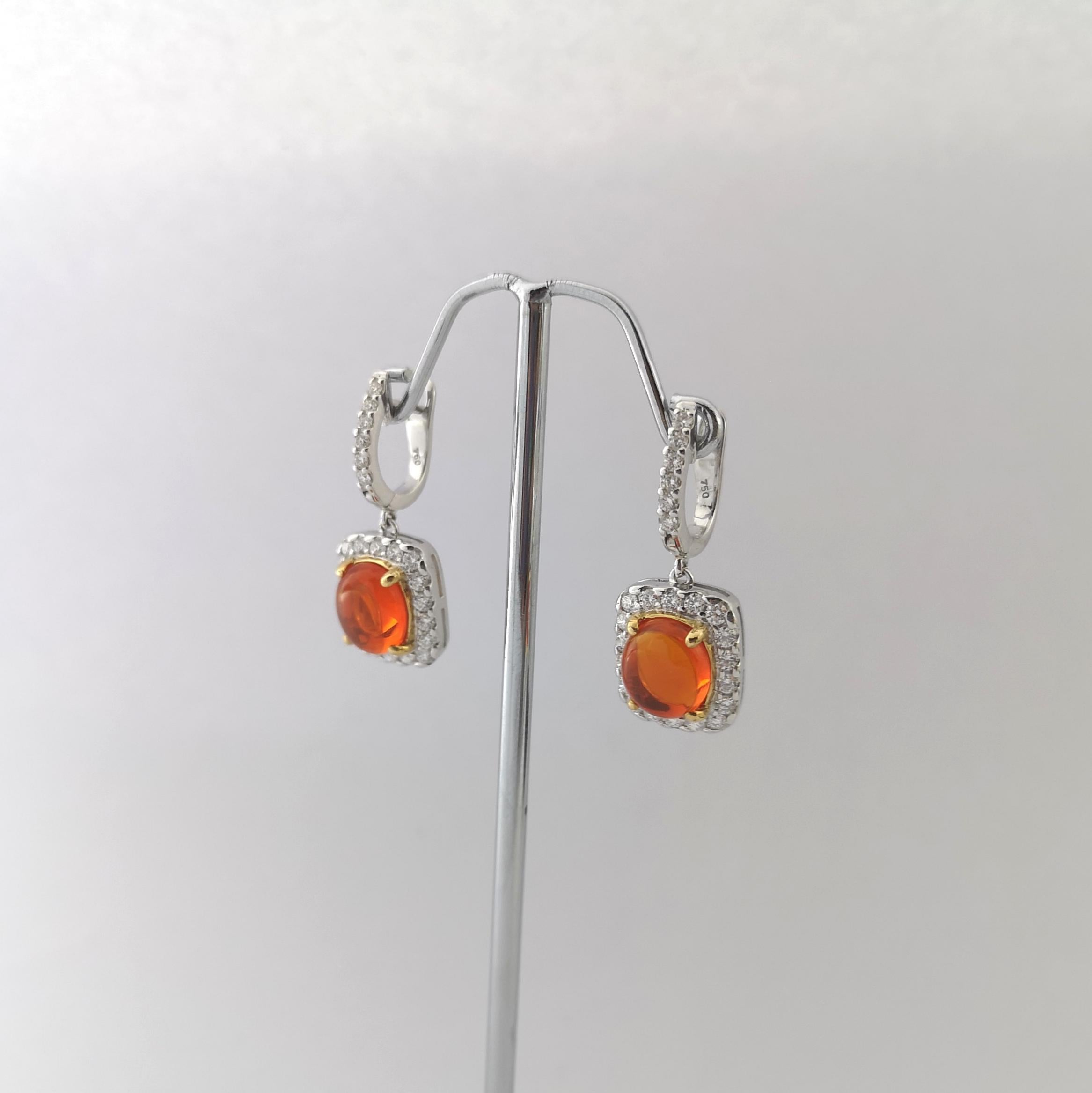 Women's Fire Opal with Diamond Earrings set in 18K White Gold Settings For Sale