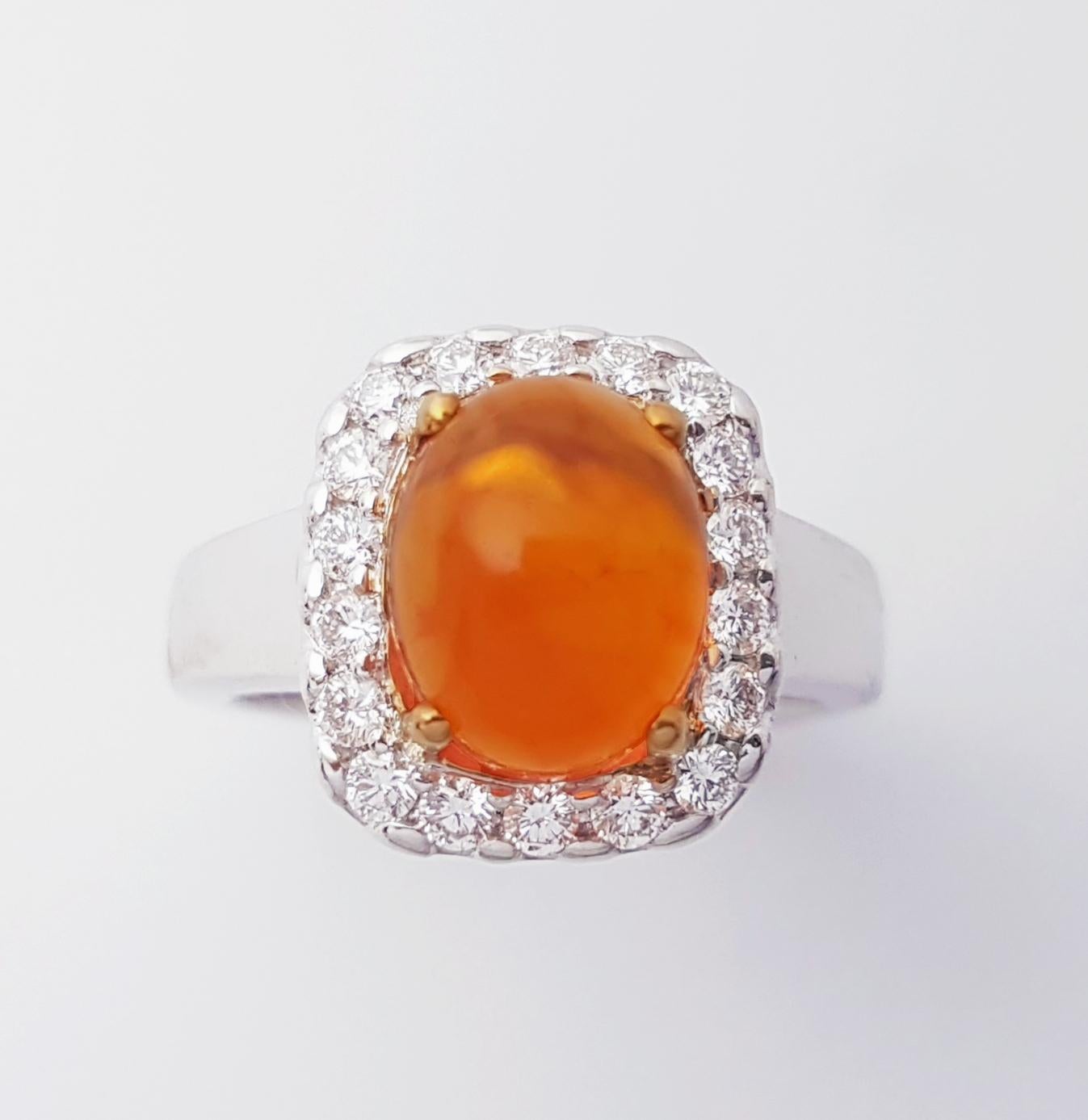 Fire Opal with Diamond Ring set in 18K White Gold Setting For Sale 6