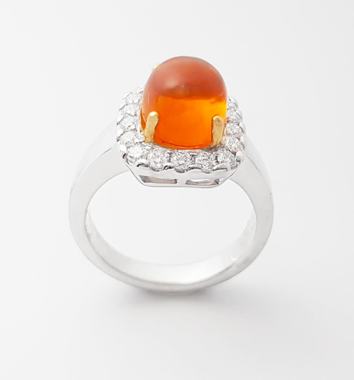 Fire Opal with Diamond Ring set in 18K White Gold Setting For Sale 7