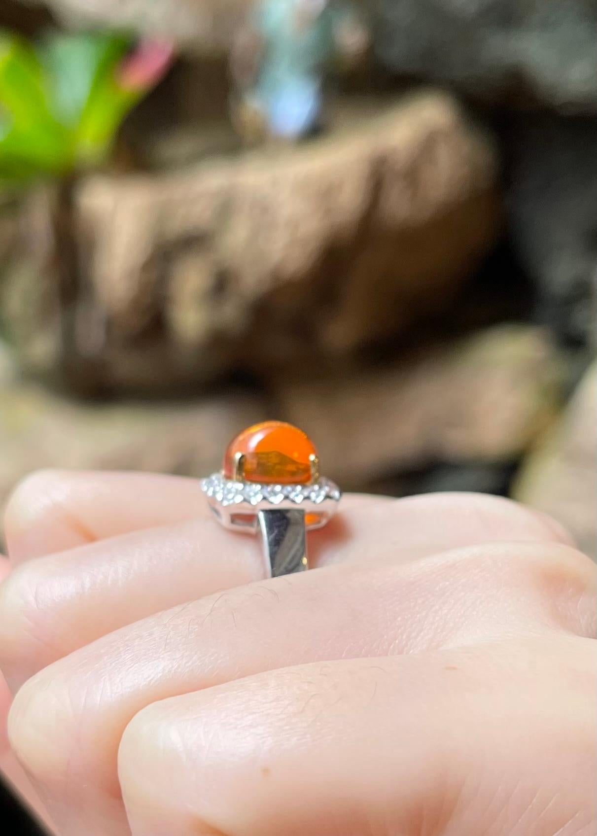 Women's Fire Opal with Diamond Ring set in 18K White Gold Setting For Sale