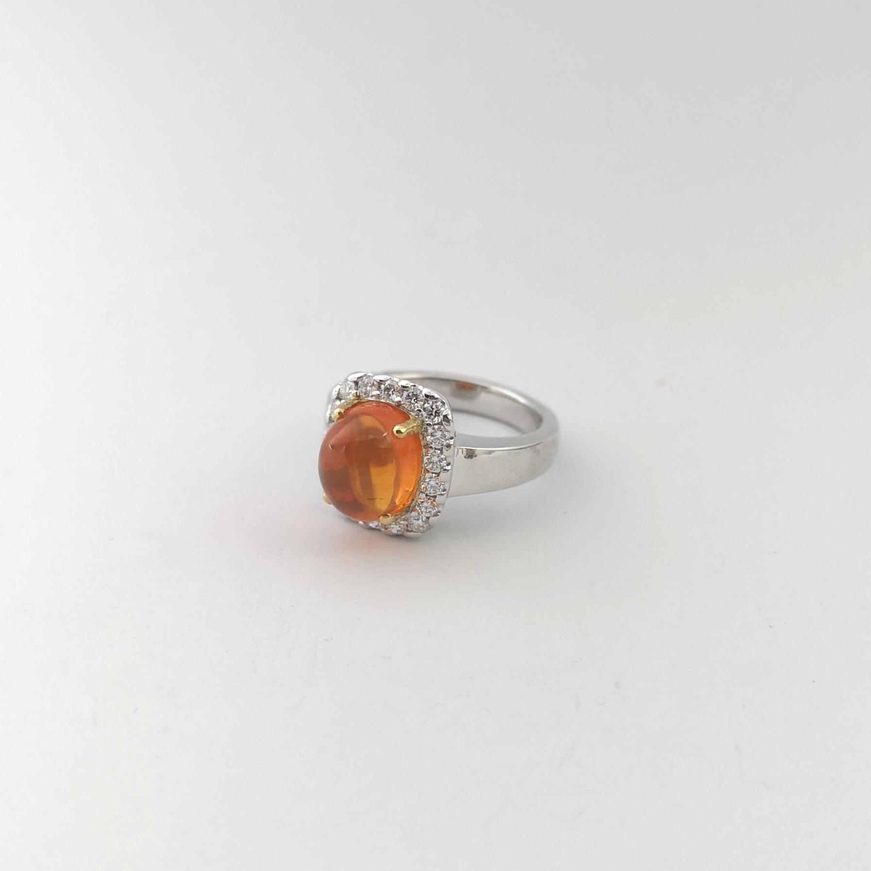 Fire Opal with Diamond Ring set in 18K White Gold Setting For Sale 2