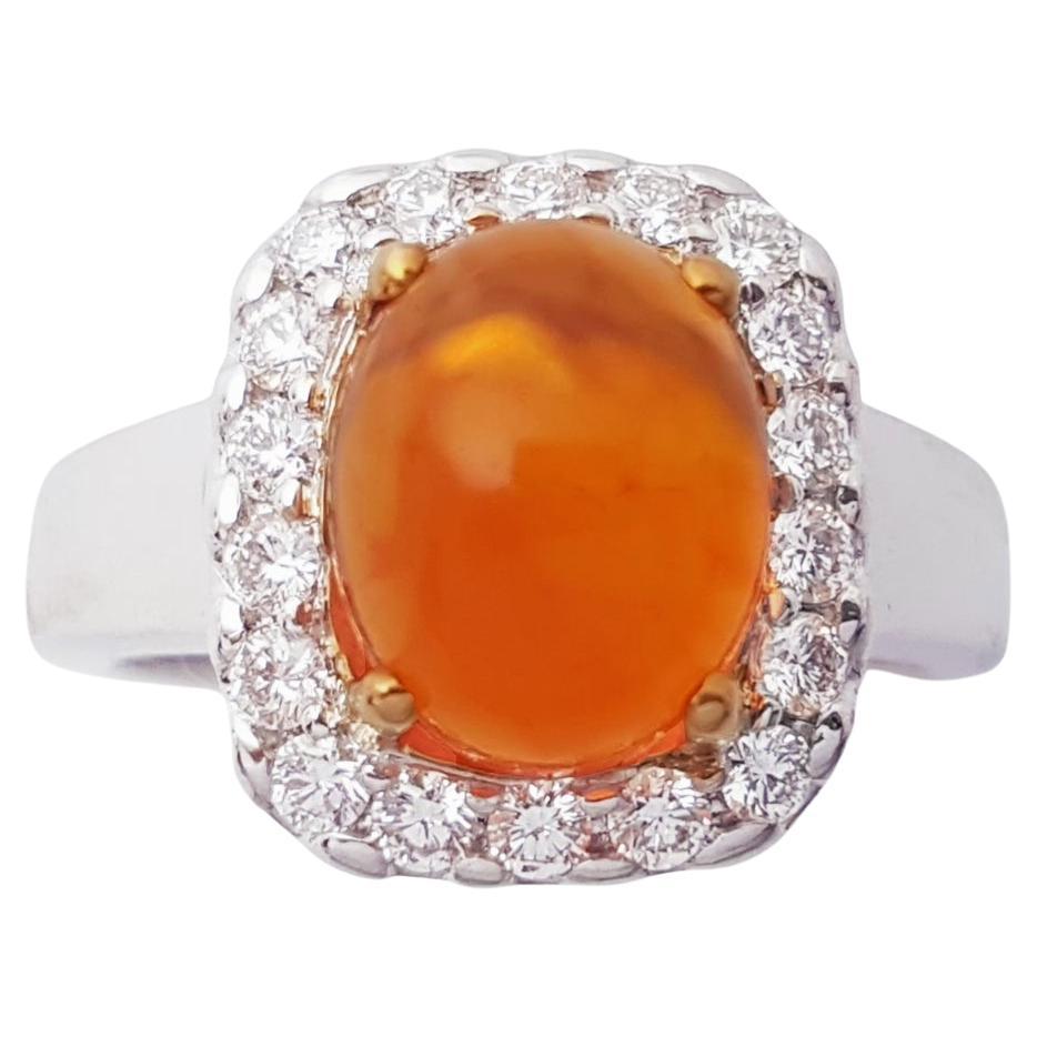 Fire Opal with Diamond Ring set in 18K White Gold Setting For Sale