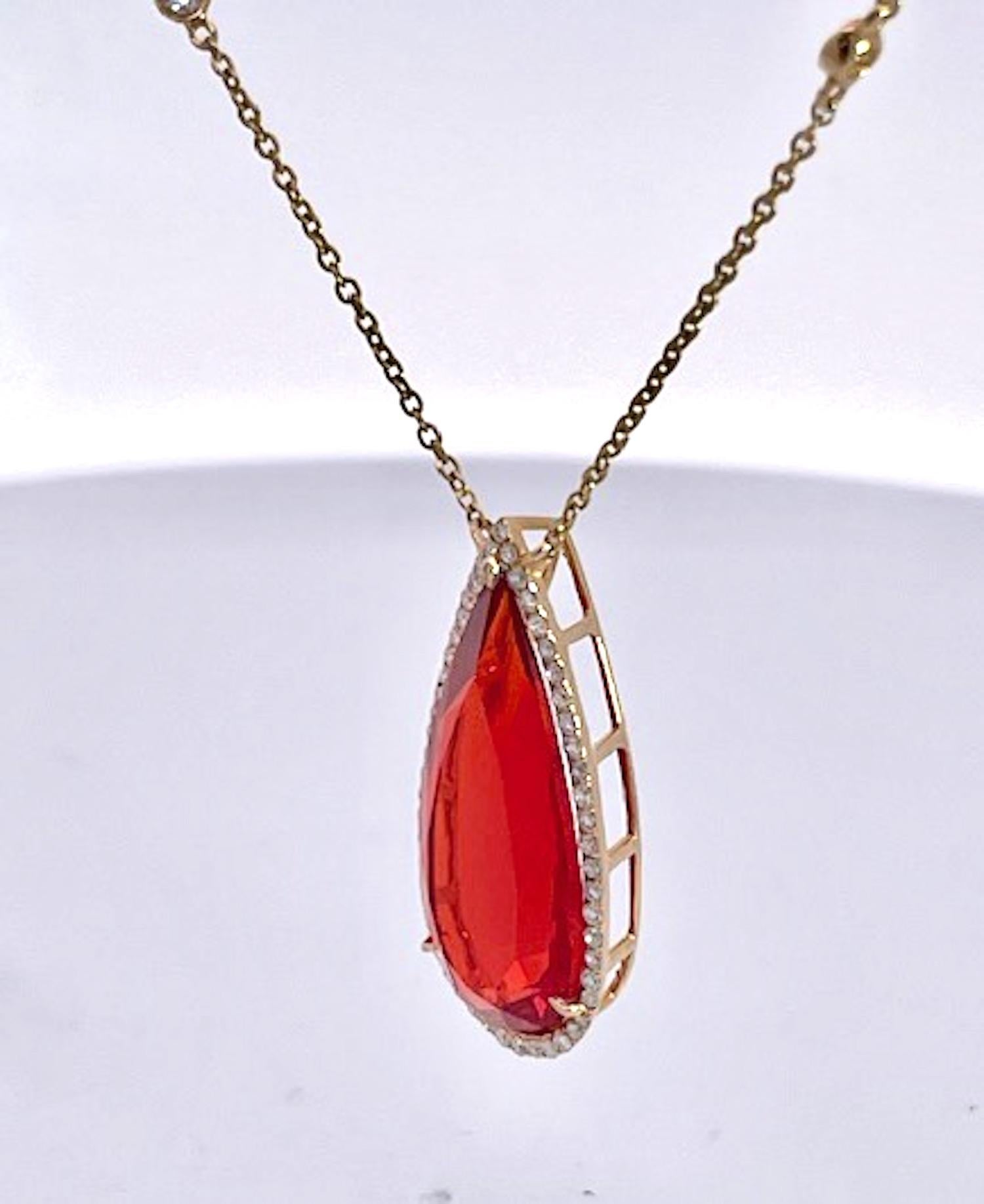 This Fire Opal pendant is rare because it is faceted.  Most Fire Opal are Cabochon cut not faceted..  Also Fire Opal are only found in Mexico, I found some in Cabo but this one comes out of the U.K.  This Opal is 8 carats very substantial and