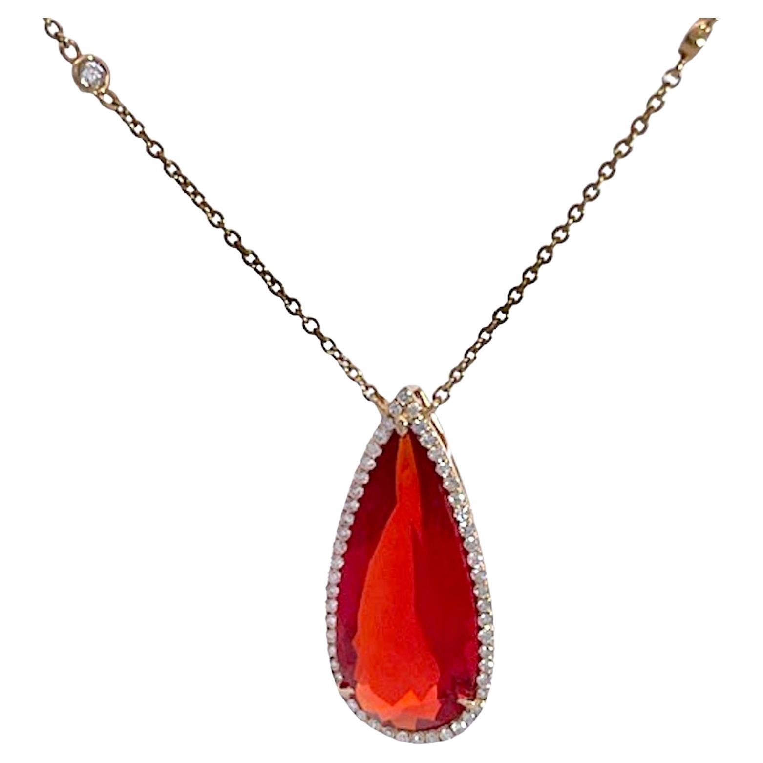 Fire Opal with Diamond surround 18K For Sale