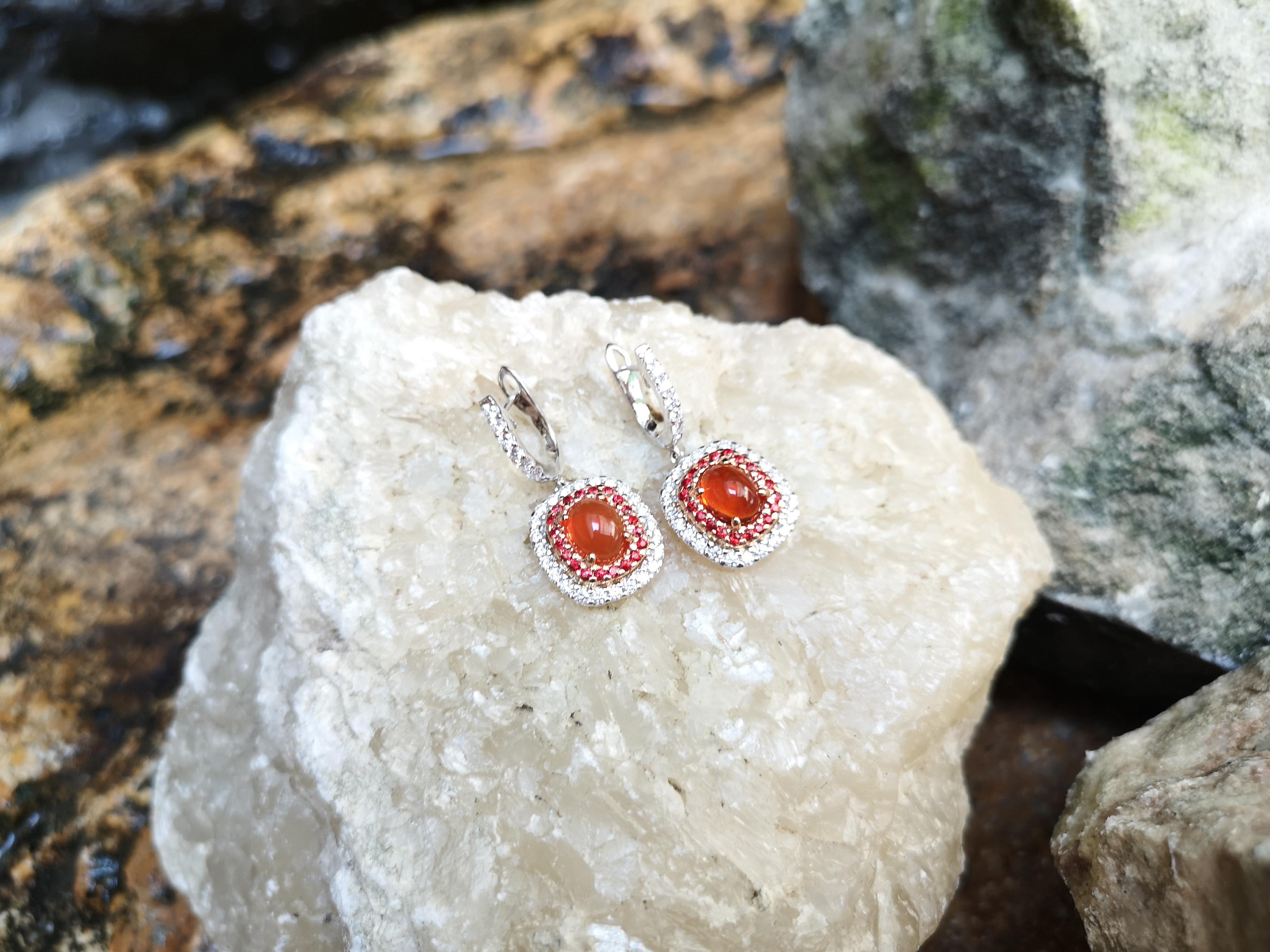 Cabochon Fire Opal with Orange Sapphire and Diamond Earrings Set in 18 Karat White Gold For Sale