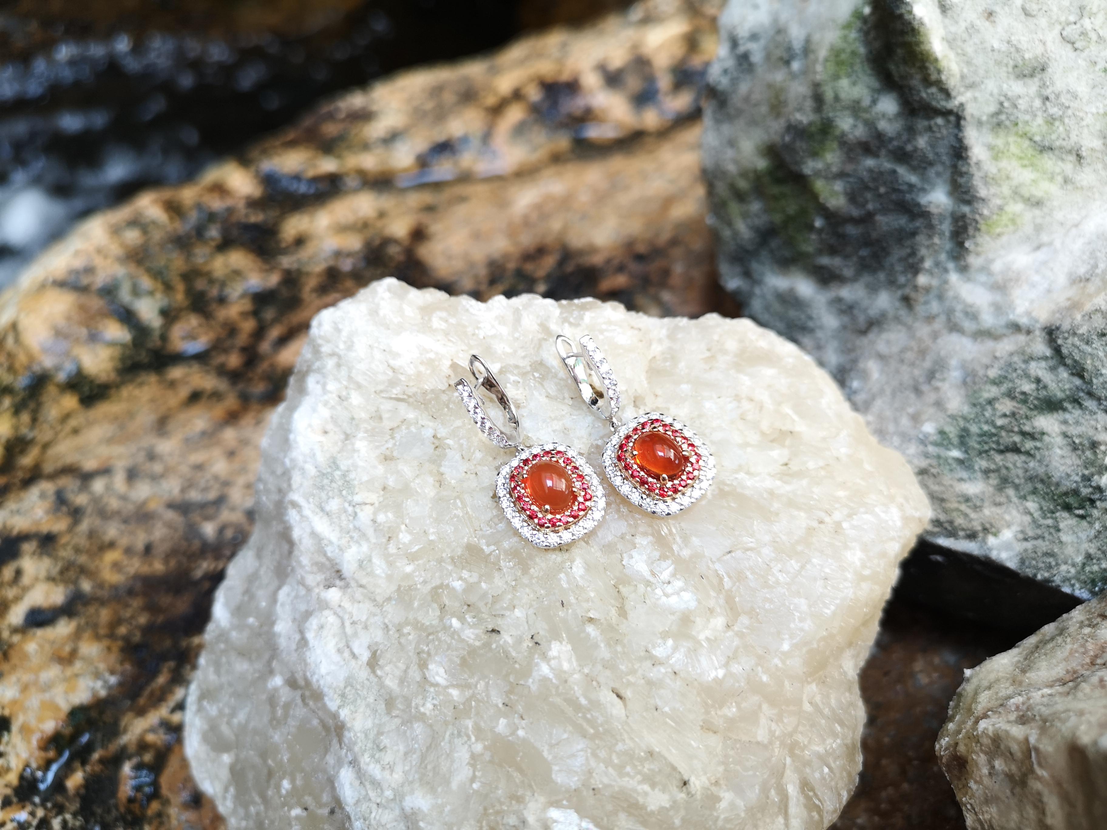 Fire Opal with Orange Sapphire and Diamond Earrings Set in 18 Karat White Gold In New Condition For Sale In Bangkok, TH