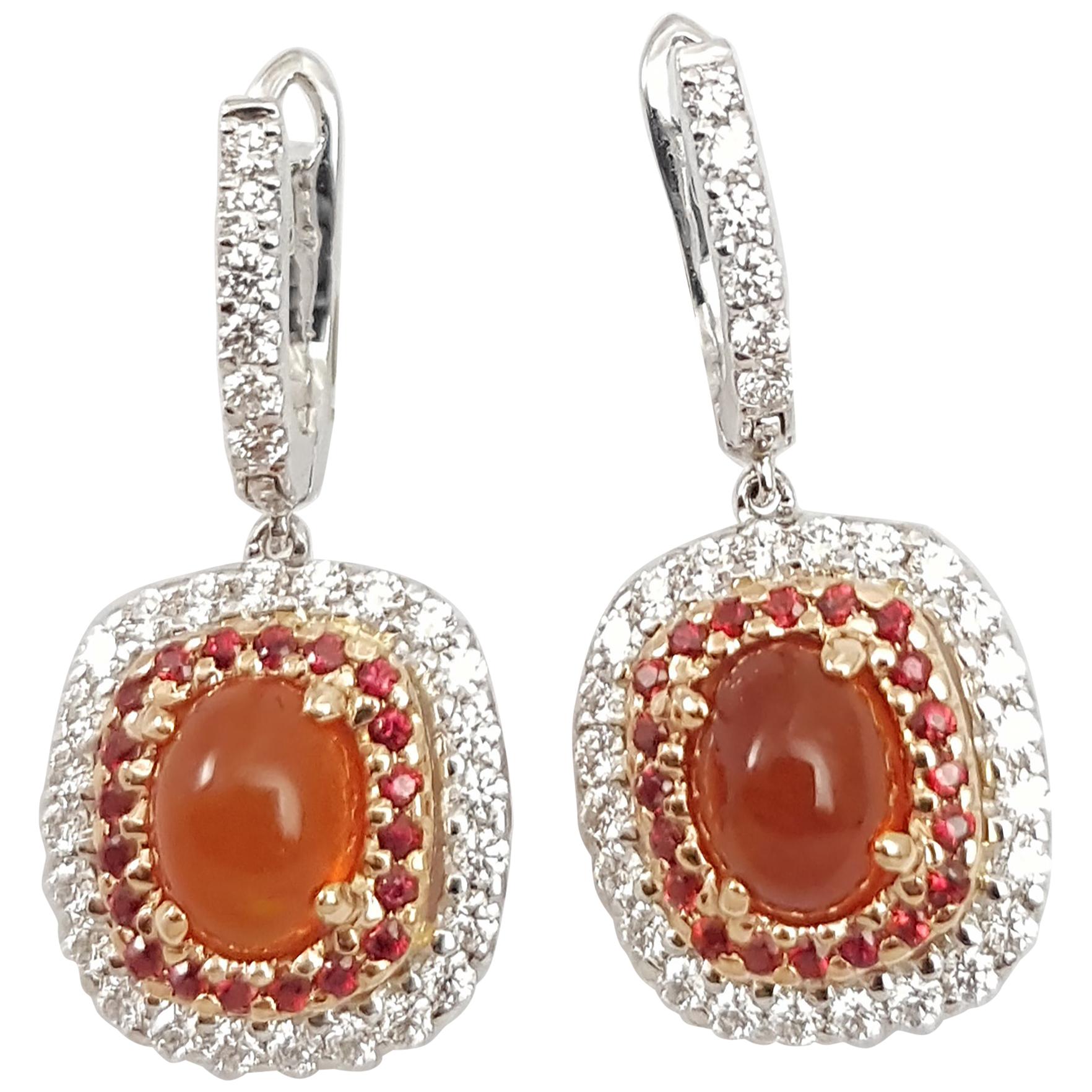 Fire Opal with Orange Sapphire and Diamond Earrings Set in 18 Karat White Gold For Sale