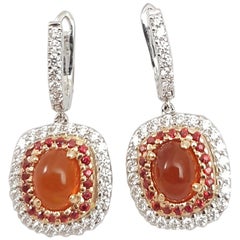 Fire Opal with Orange Sapphire and Diamond Earrings Set in 18 Karat White Gold