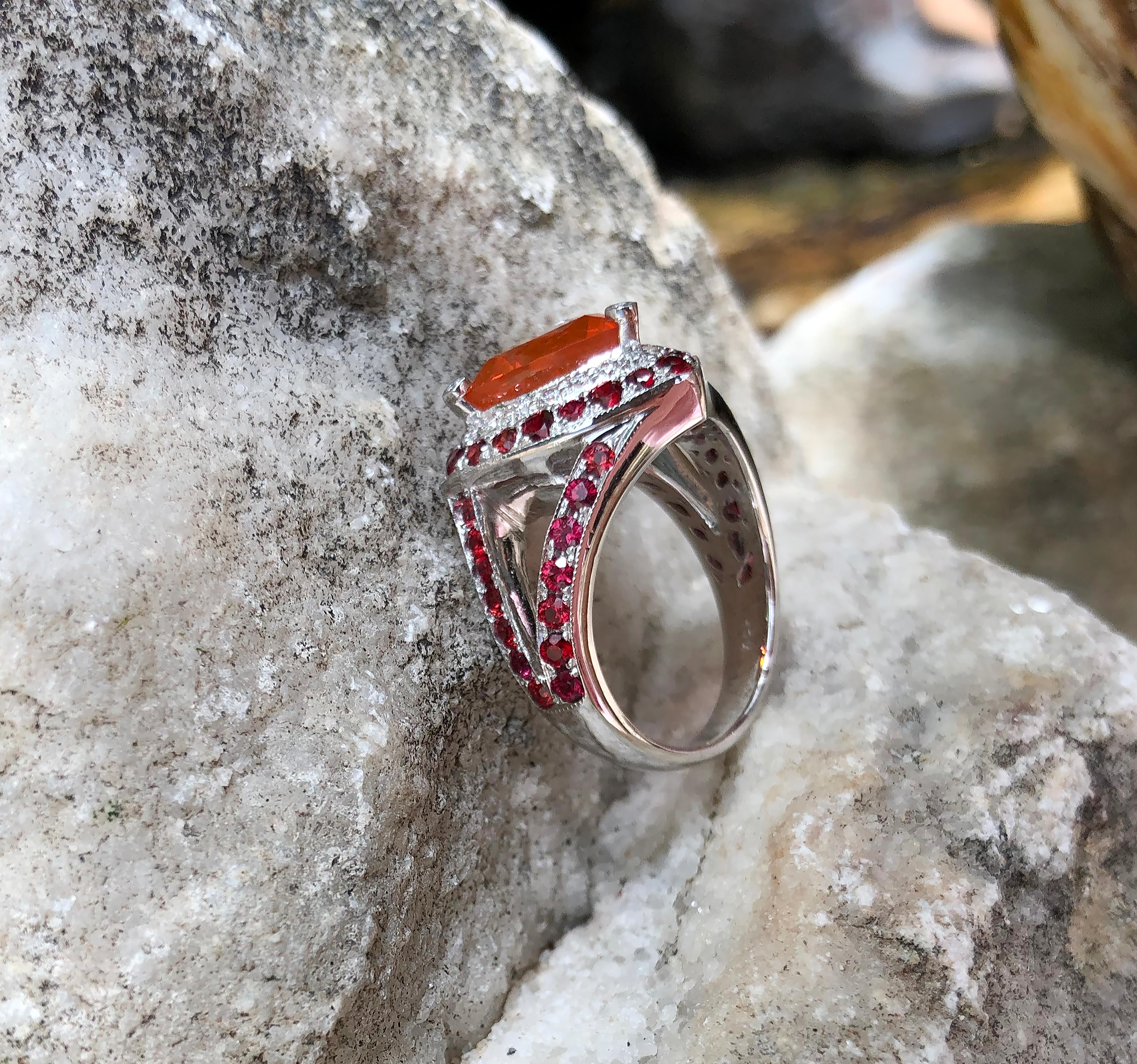 Fire Opal with Orange Sapphire and Diamond Ring in 18 Karat White Gold Settings For Sale 1