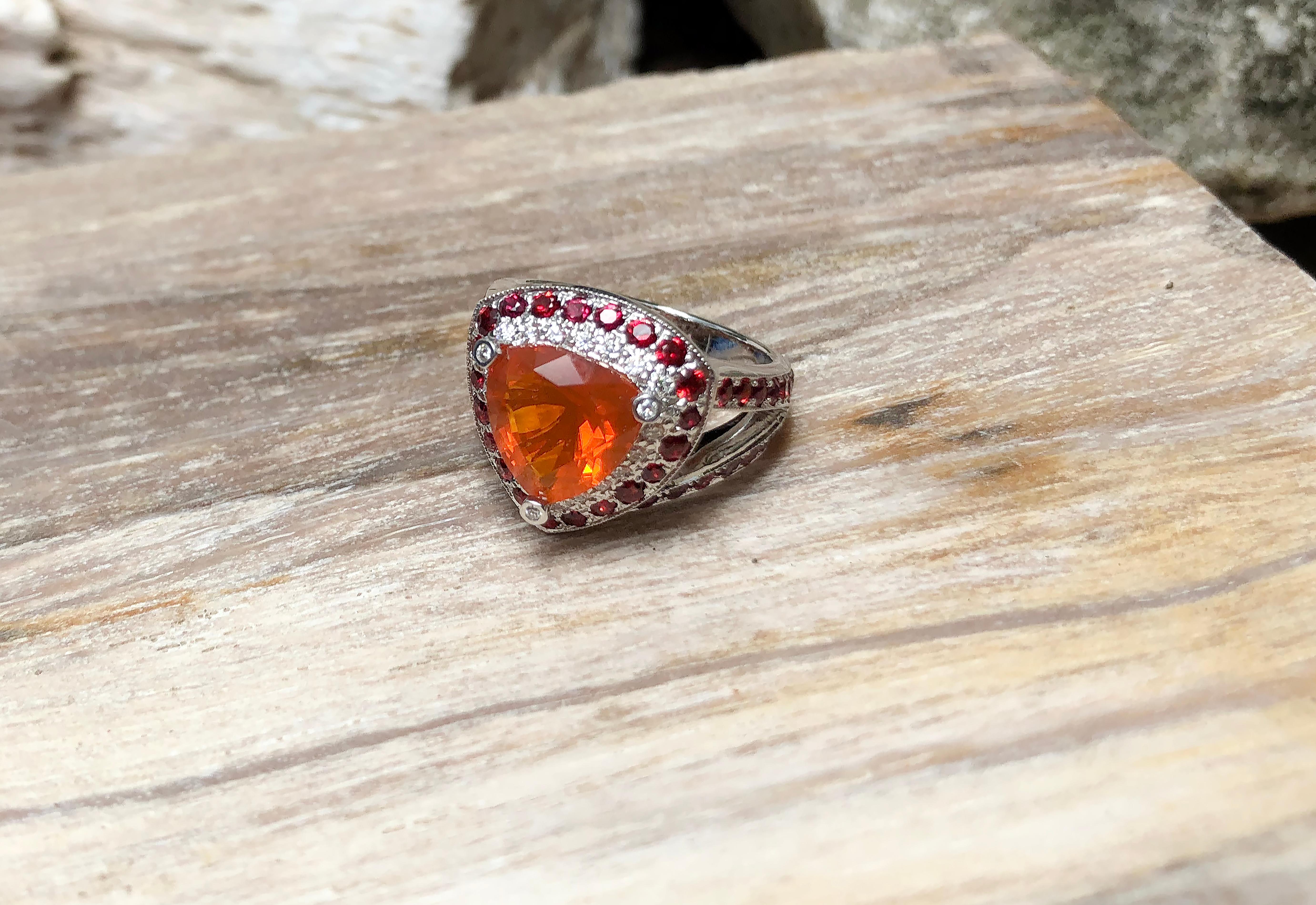 Fire Opal with Orange Sapphire and Diamond Ring in 18 Karat White Gold Settings For Sale 2
