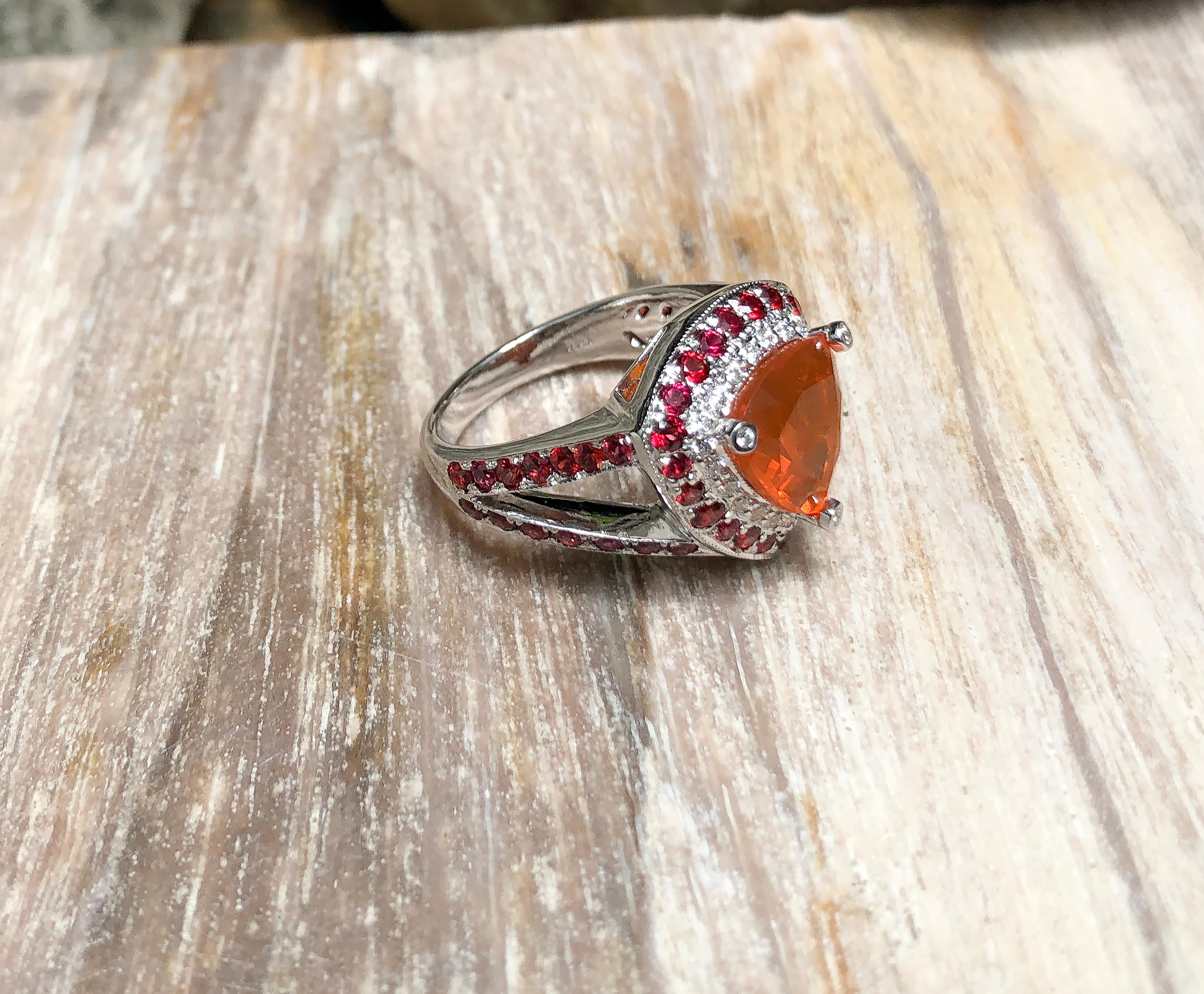 Fire Opal with Orange Sapphire and Diamond Ring in 18 Karat White Gold Settings For Sale 3