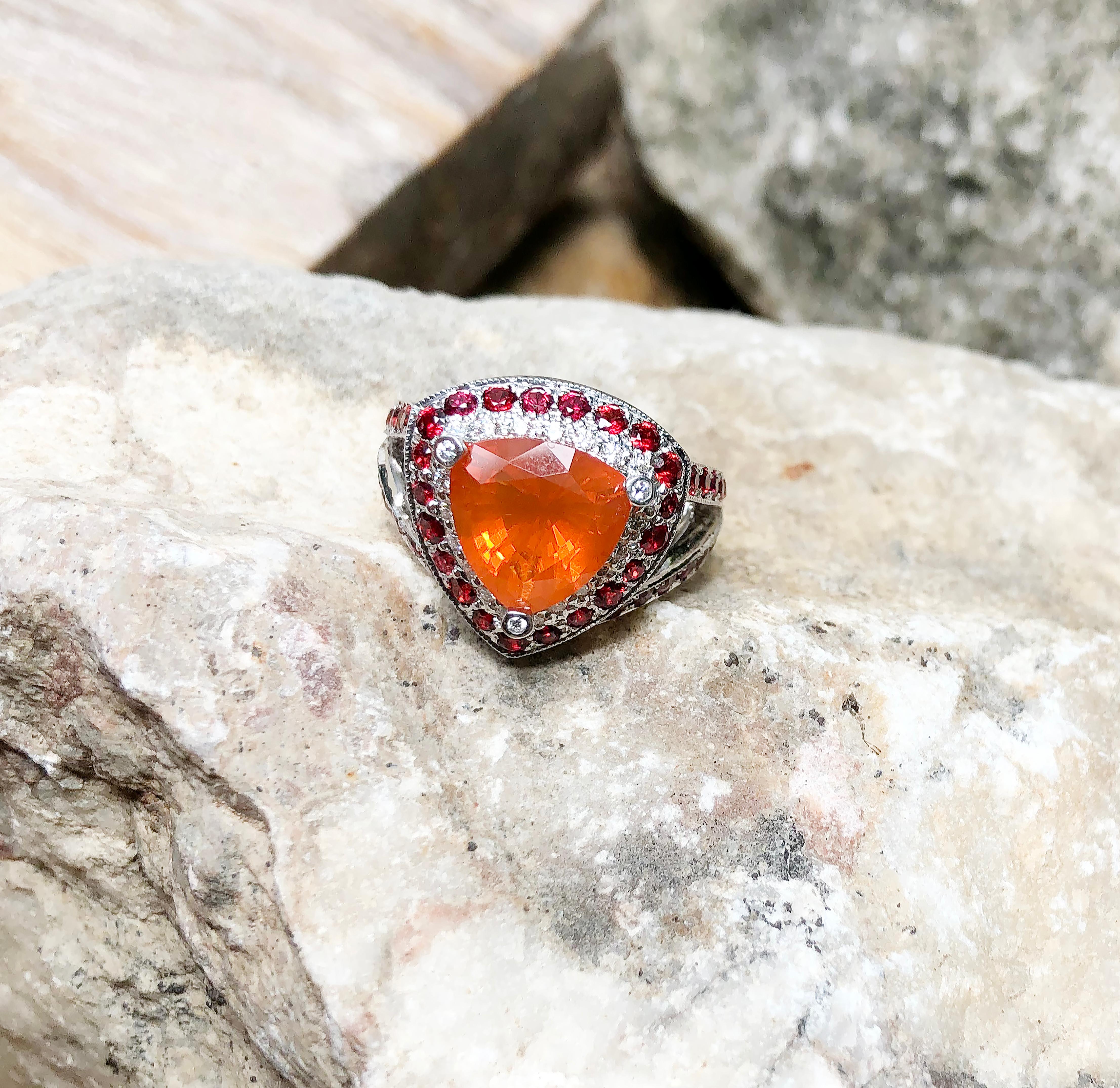 Fire Opal with Orange Sapphire and Diamond Ring in 18 Karat White Gold Settings For Sale 4