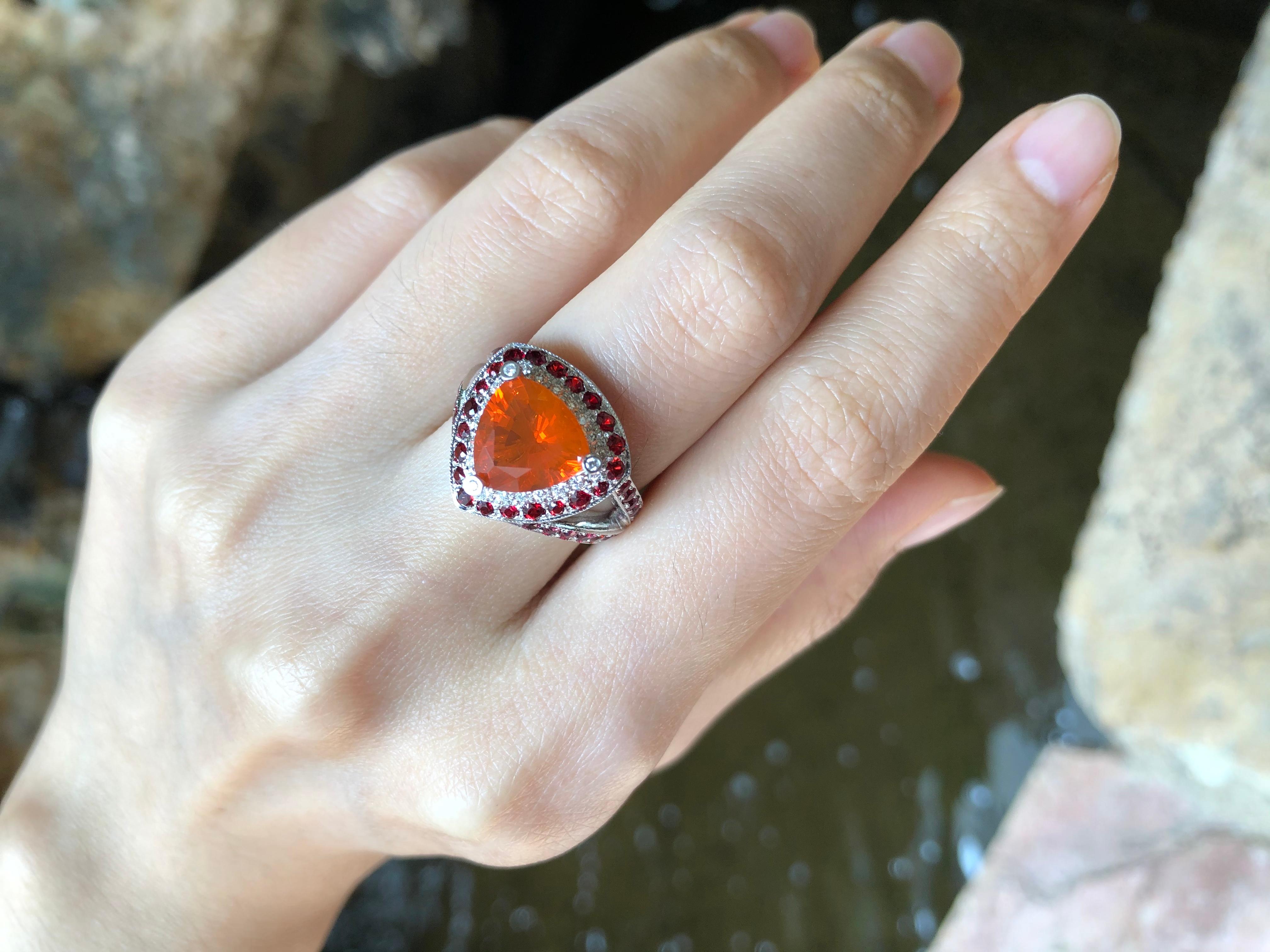 Contemporary Fire Opal with Orange Sapphire and Diamond Ring in 18 Karat White Gold Settings For Sale