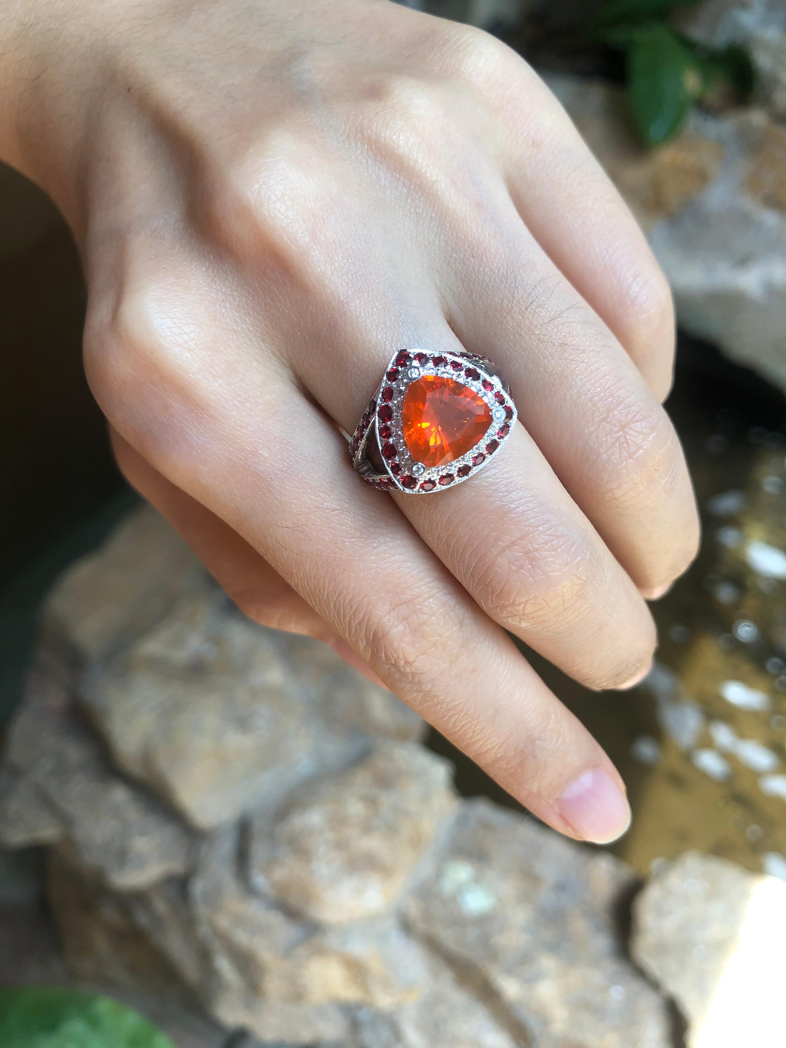 Trillion Cut Fire Opal with Orange Sapphire and Diamond Ring in 18 Karat White Gold Settings For Sale