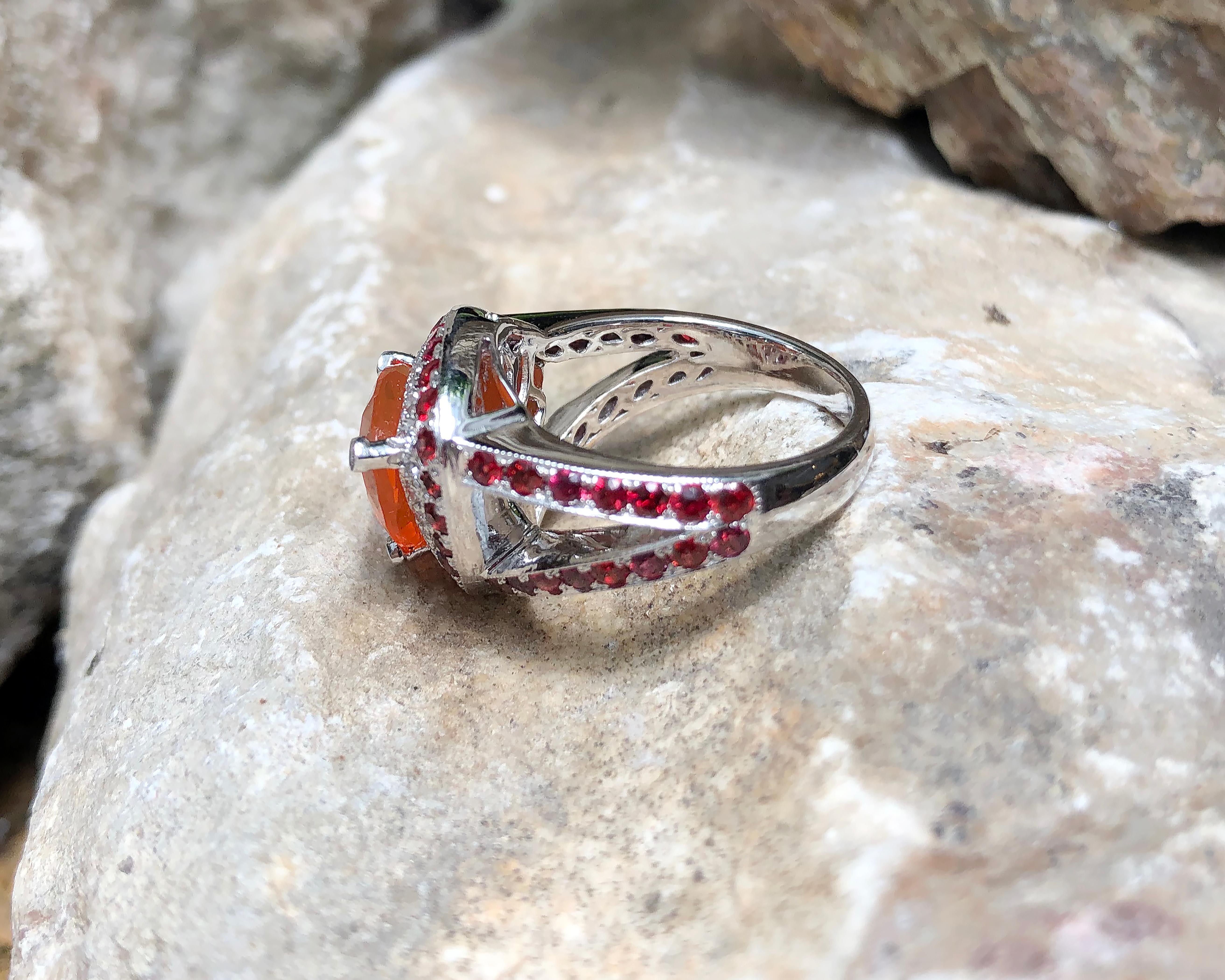 Fire Opal with Orange Sapphire and Diamond Ring in 18 Karat White Gold Settings In New Condition For Sale In Bangkok, TH