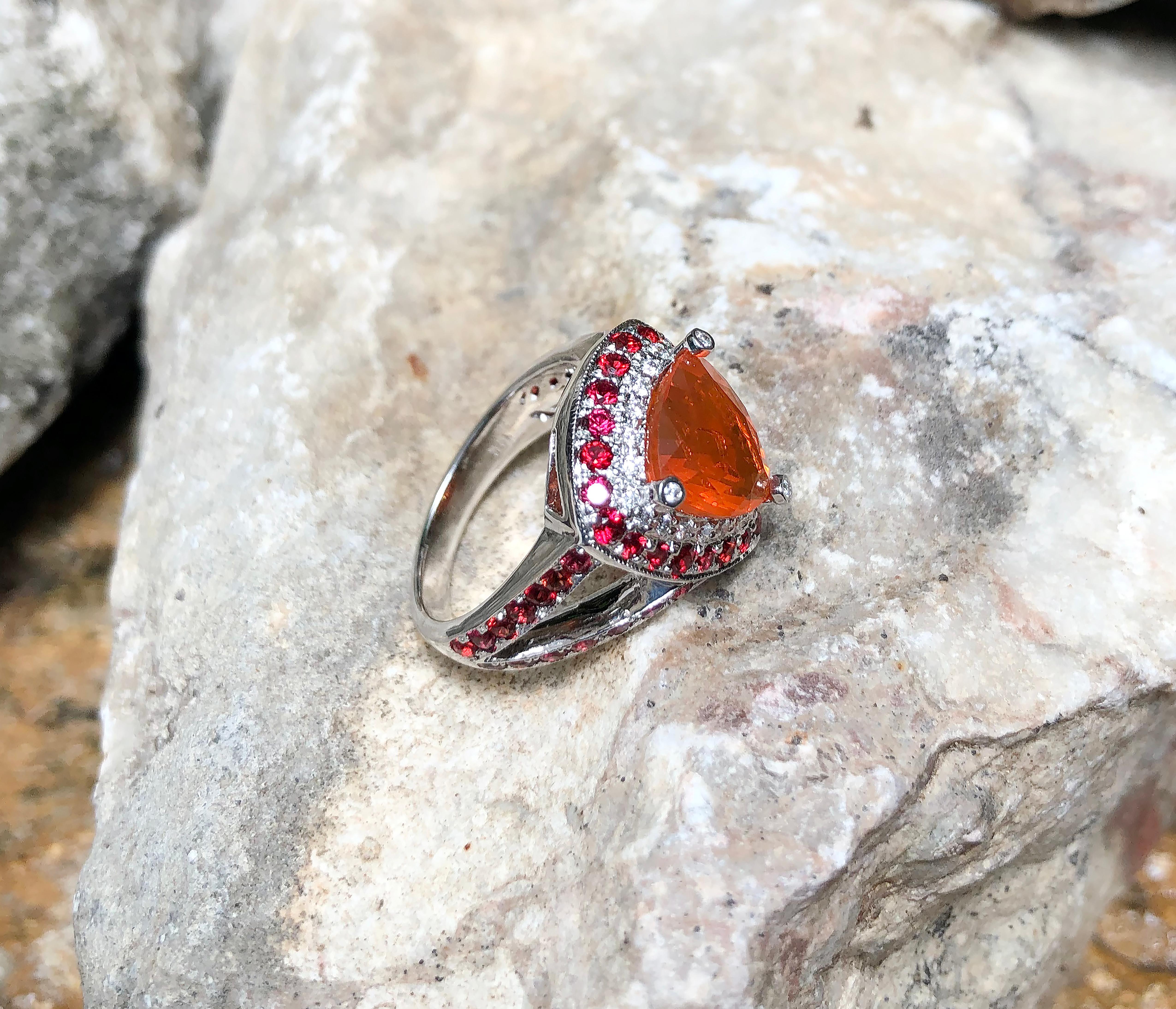 Women's Fire Opal with Orange Sapphire and Diamond Ring in 18 Karat White Gold Settings For Sale