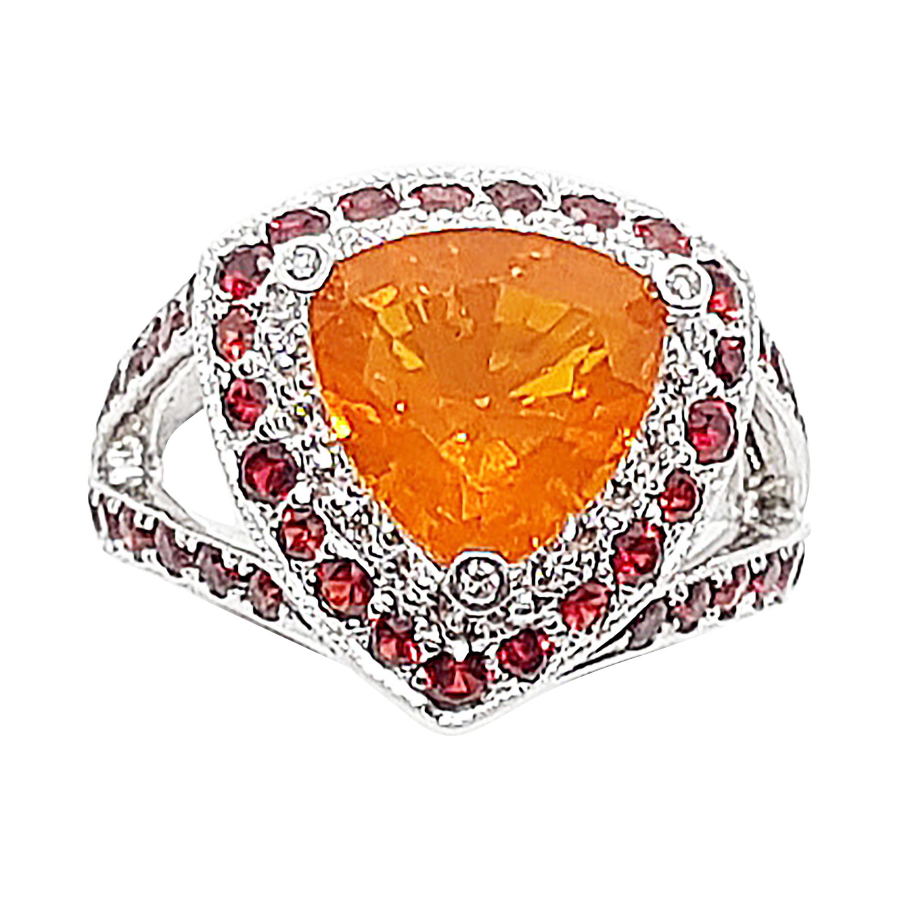 Fire Opal with Orange Sapphire and Diamond Ring in 18 Karat White Gold Settings