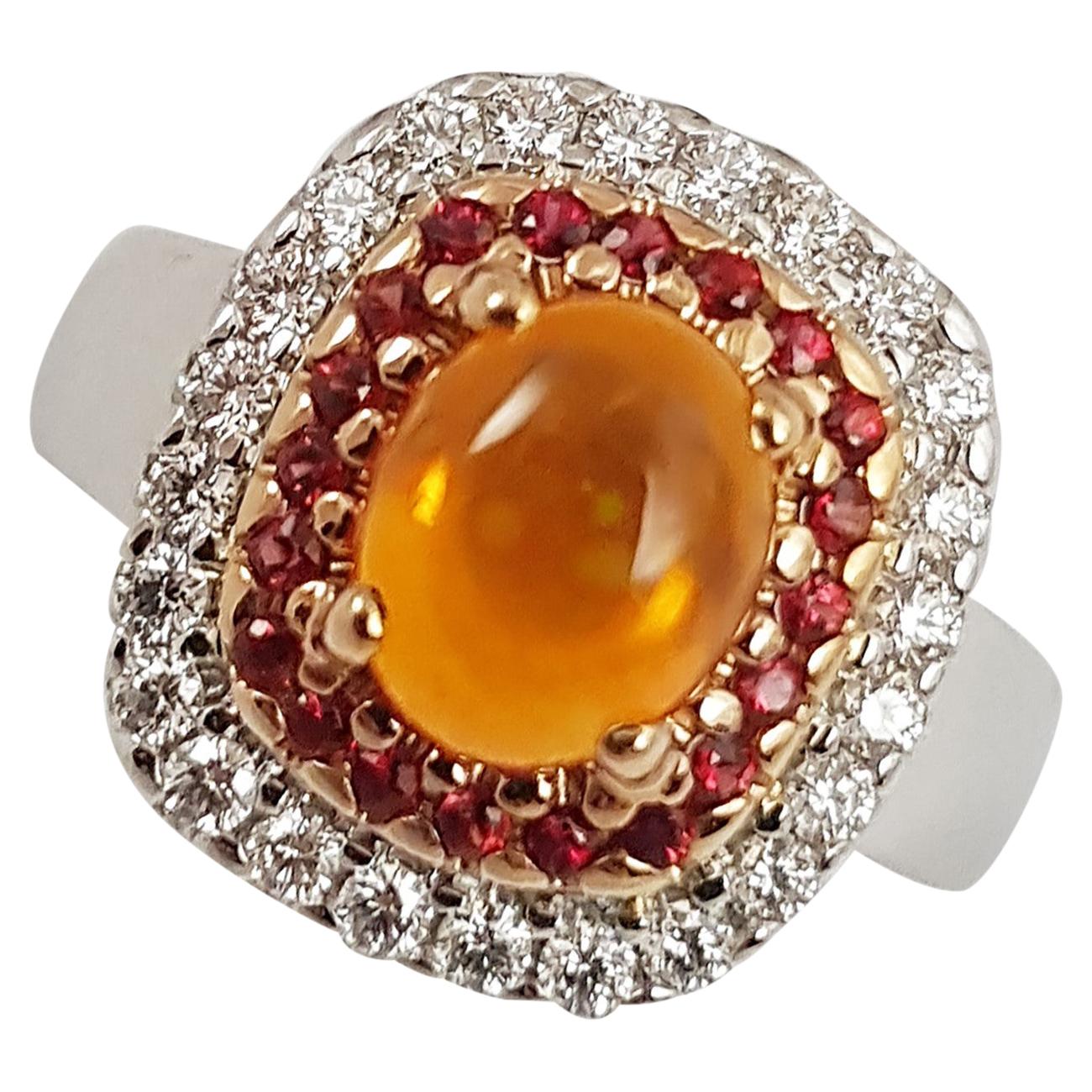Fire Opal with Orange Sapphire and Diamond Ring Set in 18 Karat White Gold