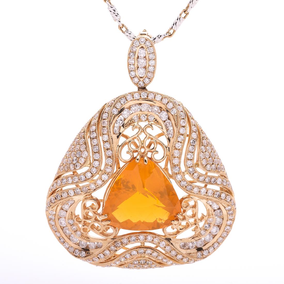 Fire Opal within an Elaborate Diamond Lattice Gallery
 274 Prong set round brilliant cut diamonds
 approximate total weight of 274 stones is 2.24 cts


