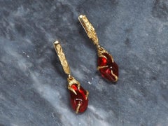Fire Opal Yellow Gold Earrings Fiery Red Poppy Flower Art Nouveau Style Jewelry