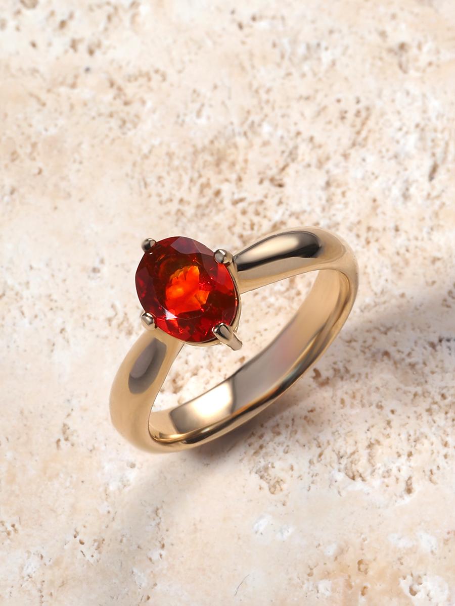 Oval Cut Fire Opal Yellow Gold Ring Mexican Gemstone Jewelry Red For Sale