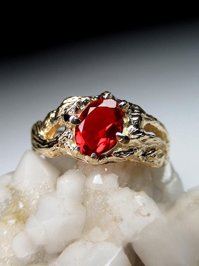 Mexikanischer Feueropal Gelbgold Ring Mexikanischer Stein Rot Azalea Unisex (Ovalschliff)