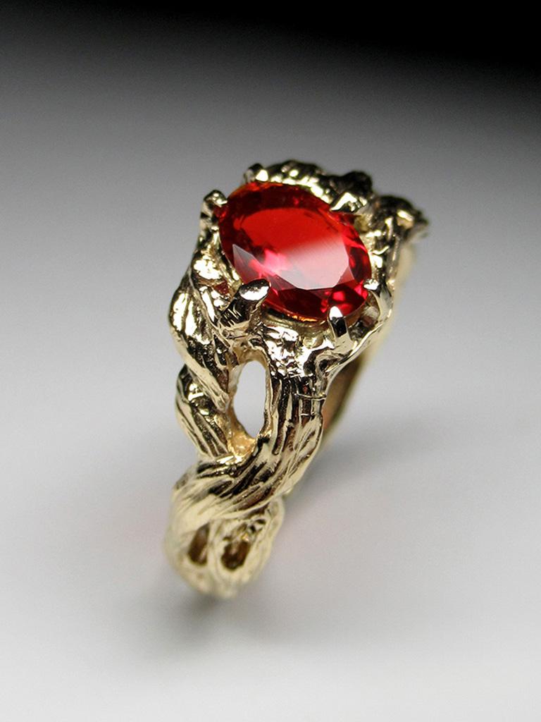 Mexikanischer Feueropal Gelbgold Ring Mexikanischer Stein Rot Azalea Unisex im Zustand „Neu“ in Berlin, DE