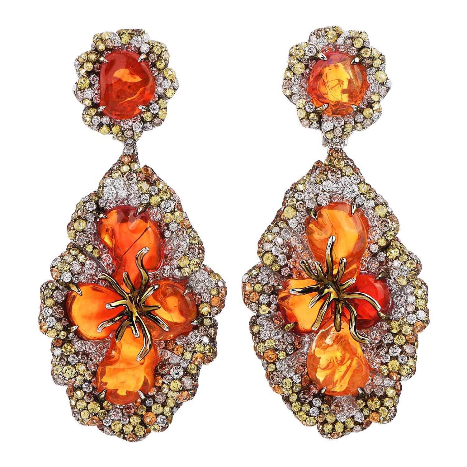Fire Opal Yellow Sapphire Diamond 18K Gold Flower Dangle Earrings