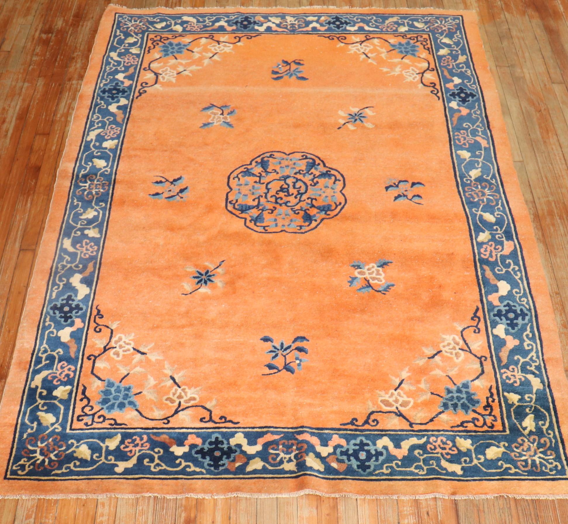 Art Deco Fire Orange Antique Chinese Rug For Sale