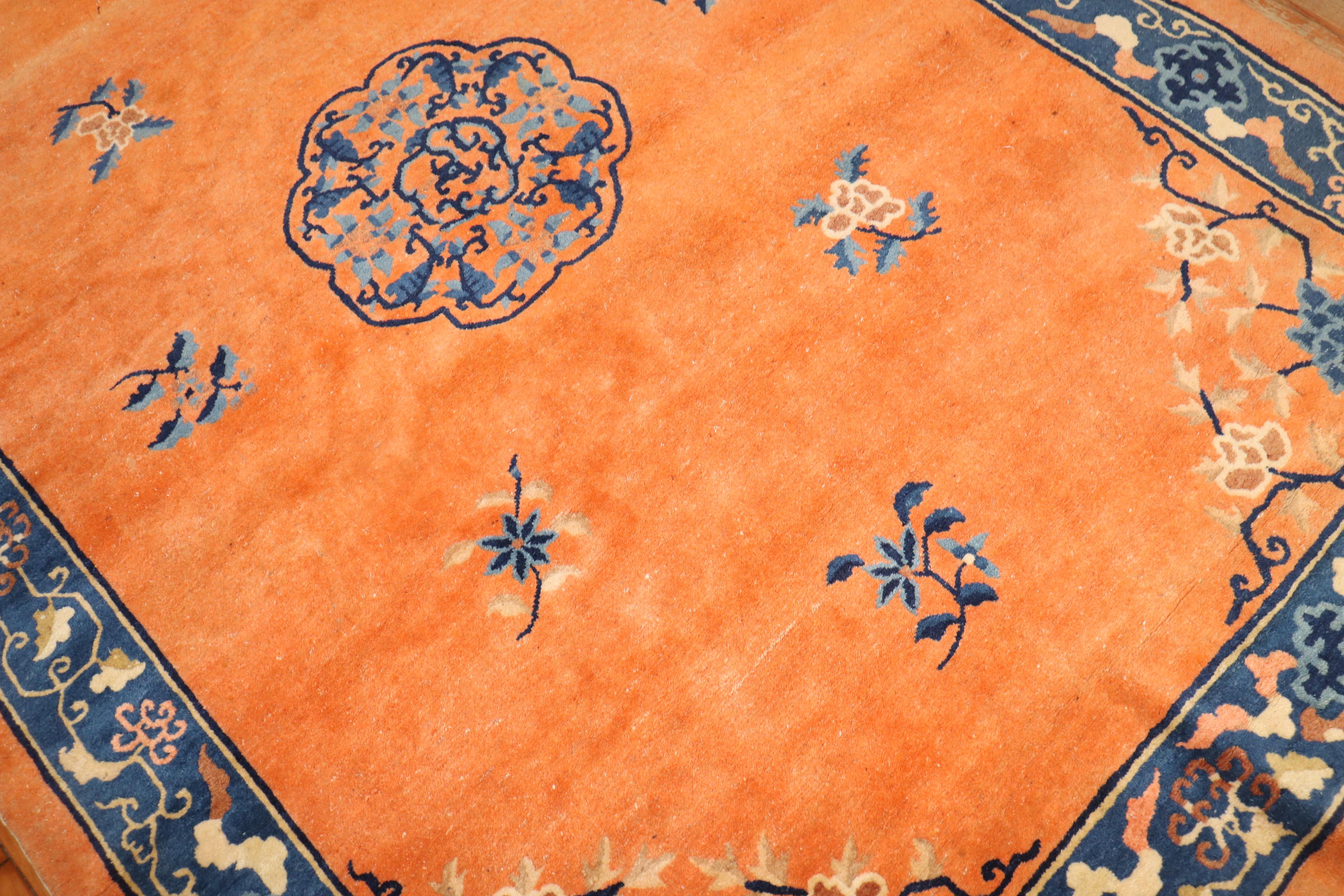Hand-Knotted Fire Orange Antique Chinese Rug For Sale