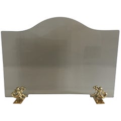 Vintage Fire Place Screen with Bronze Tritons and Smoked Glass, French, circa 1970