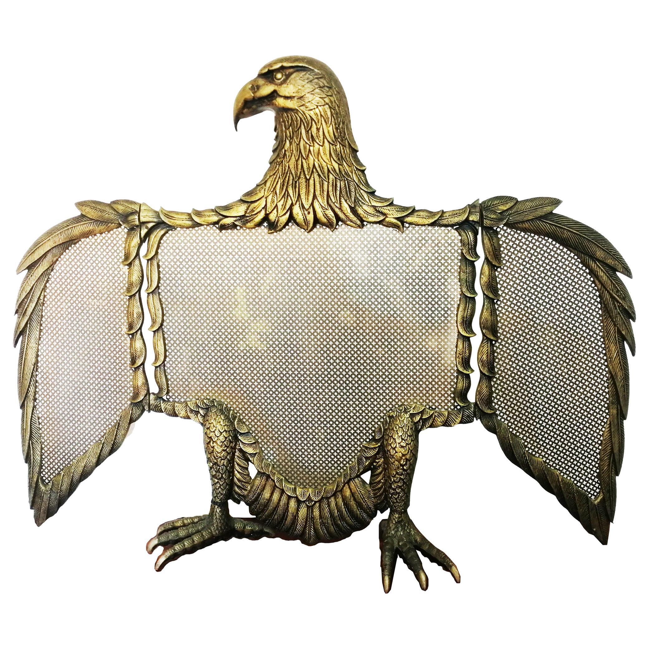 Three-panel fire screen bronze or brass eagle-shaped sparks

Save bronze or brass eagle-shaped sparks with open wings that fold.
FireSceen ,original, 