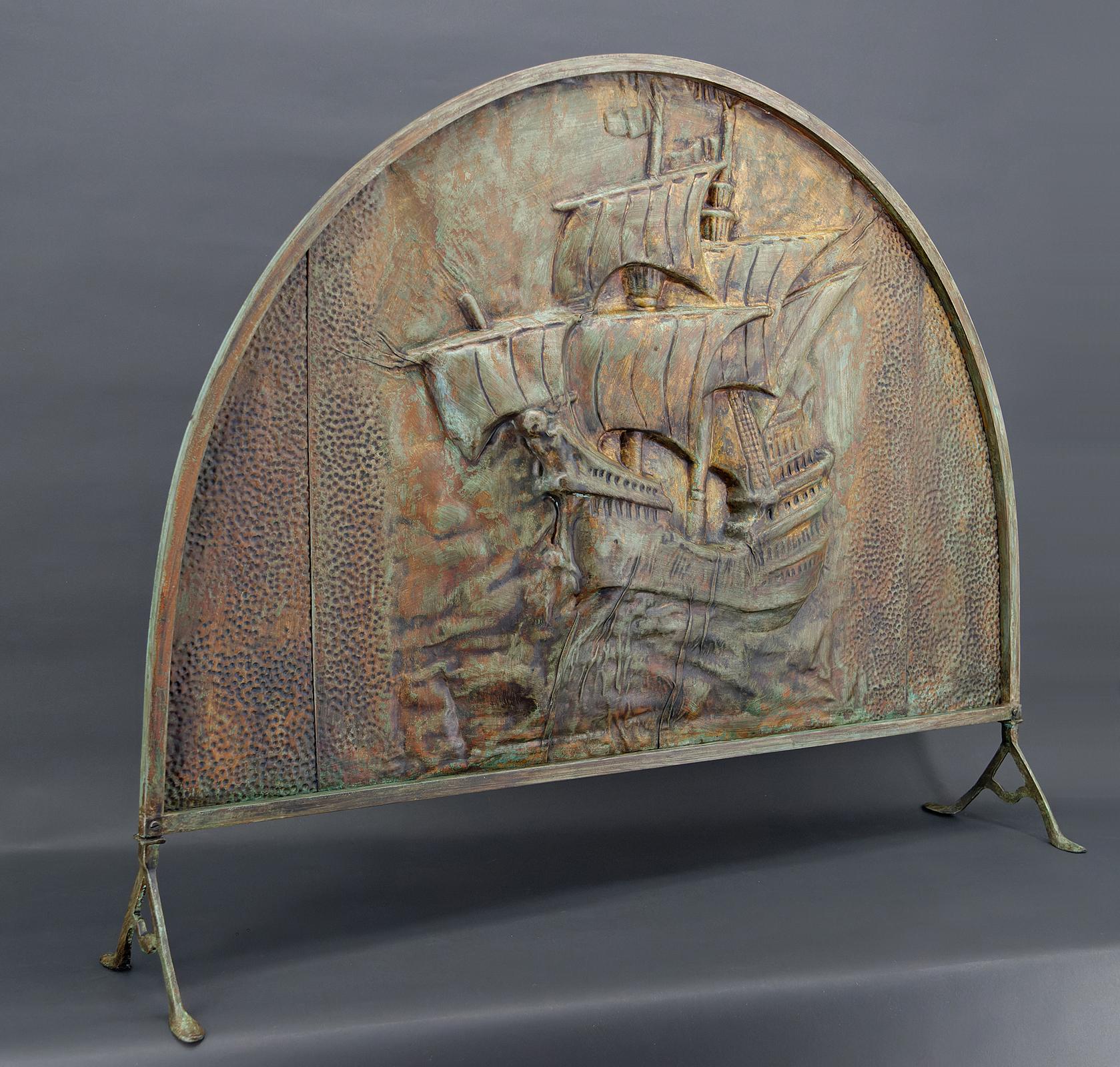 French Fire screen / fireplace cover, Galleon / Flying Dutchman, Art Deco, Circa 1920 For Sale