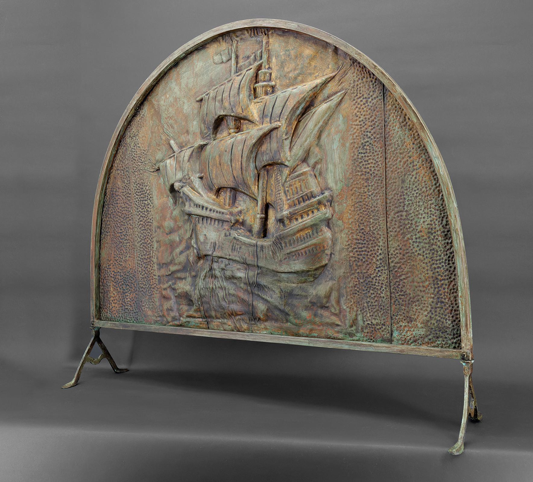 Patinated Fire screen / fireplace cover, Galleon / Flying Dutchman, Art Deco, Circa 1920 For Sale