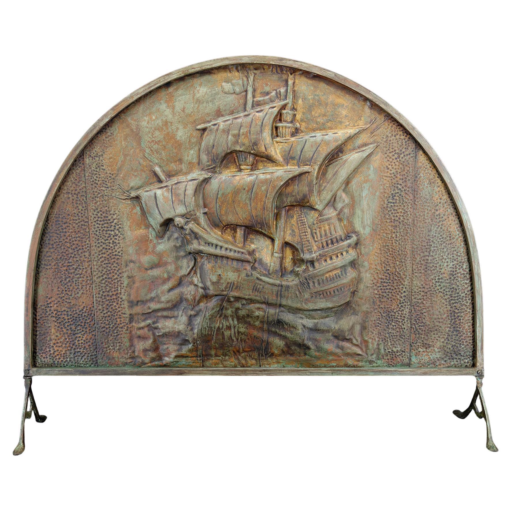Fire screen / fireplace cover, Galleon / Flying Dutchman, Art Deco, Circa 1920 For Sale